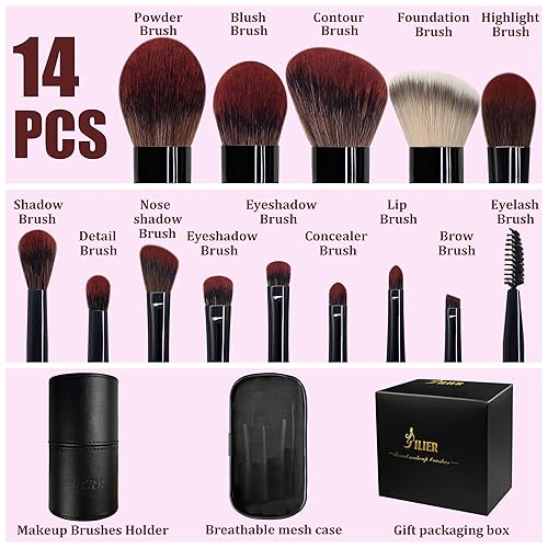 Miniatura 9 de Jilier Juego de brochas de maquillaje de viaje, 14 piezas de mini brochas de maquillaje para base, polvo, sombra de ojos, resaltado, contorno, rubor