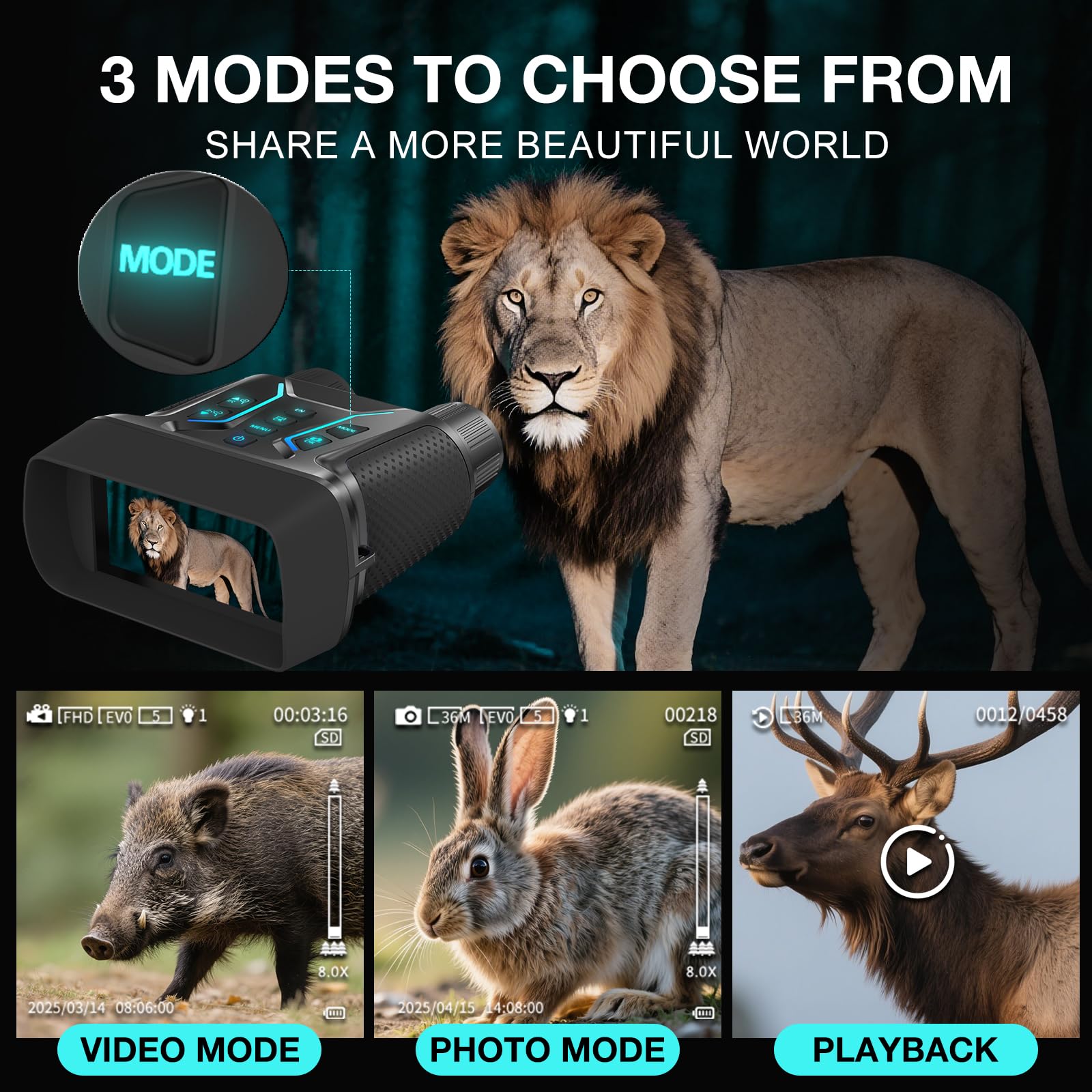 Visore Notturno 4K 36MP Binocolo Visione Notturna Zoom Digitale 8X e Scheda 32GB per Foto e Video, Display HD da 4.5" 7-Livelli Infrarossi Visore Notturno Binocolo Vista 400M per Campeggio