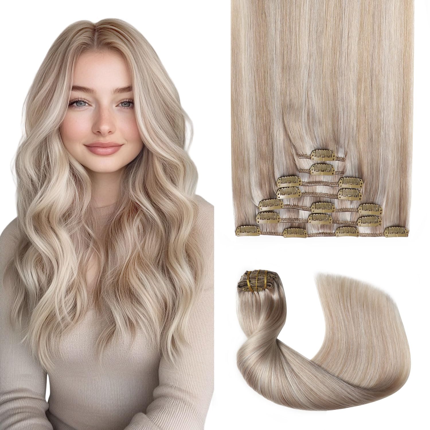 Pro2.0 Clip in Extensions Echthaar Menschenhaar 120g Dick 7 Stück | Farbe #18p1000 Aschblond Highlight Gebleichtes Blond Haarverlängerung Echthaar Clip 40cm für Frauen (#18p1000-40cm)