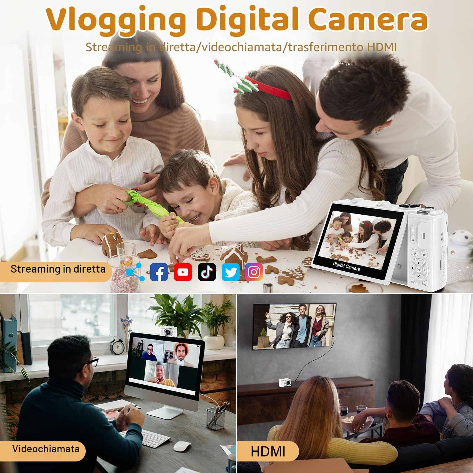 Fotocamera digitale 5K – WiFi 75 MP fotocamera per fotografia – fotocamera UHD Vlogging per YouTube con schermo 3 pollici 180 ° Flip Screen – Autofocus Compact Video Travel Camara con zoom 18X, scheda