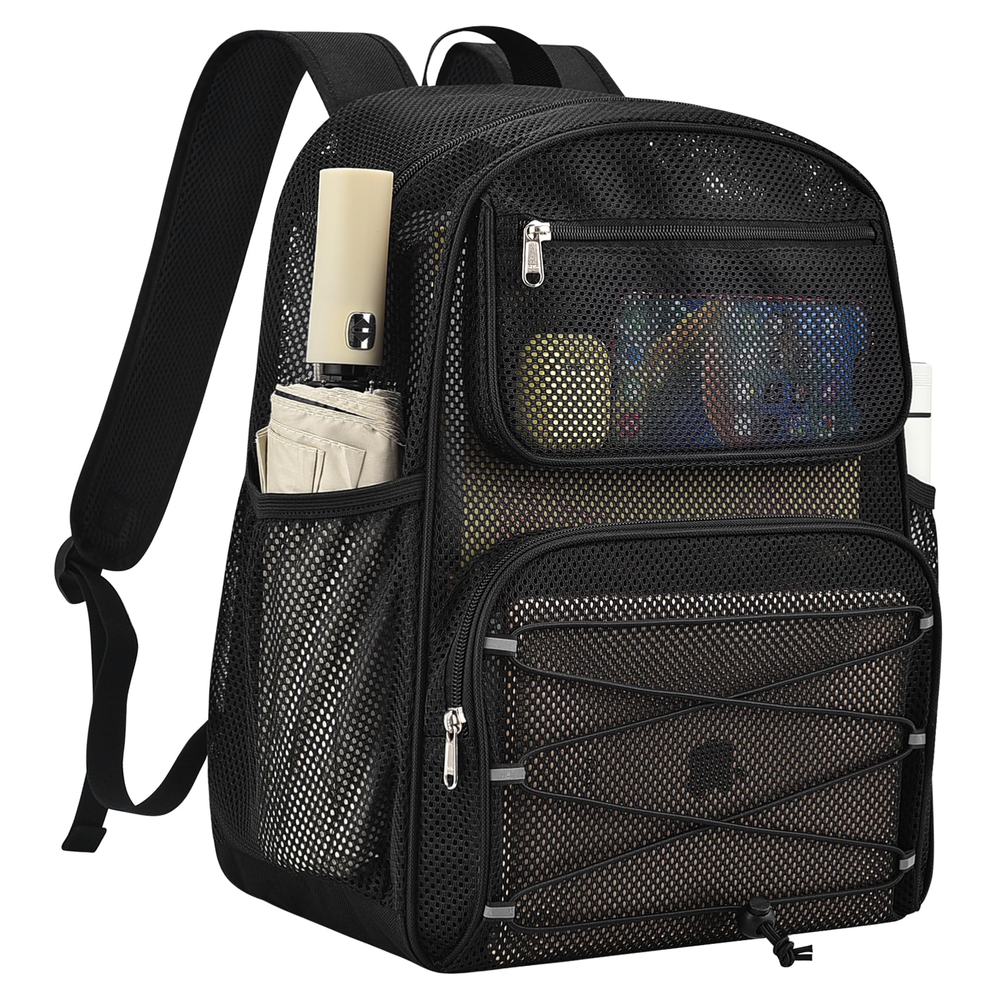 Paxiland Mesh Backpack Heavy Duty See Through Mesh Bookbag Large Backpack for Travel Swimming Outdoor Sports Beach, Black