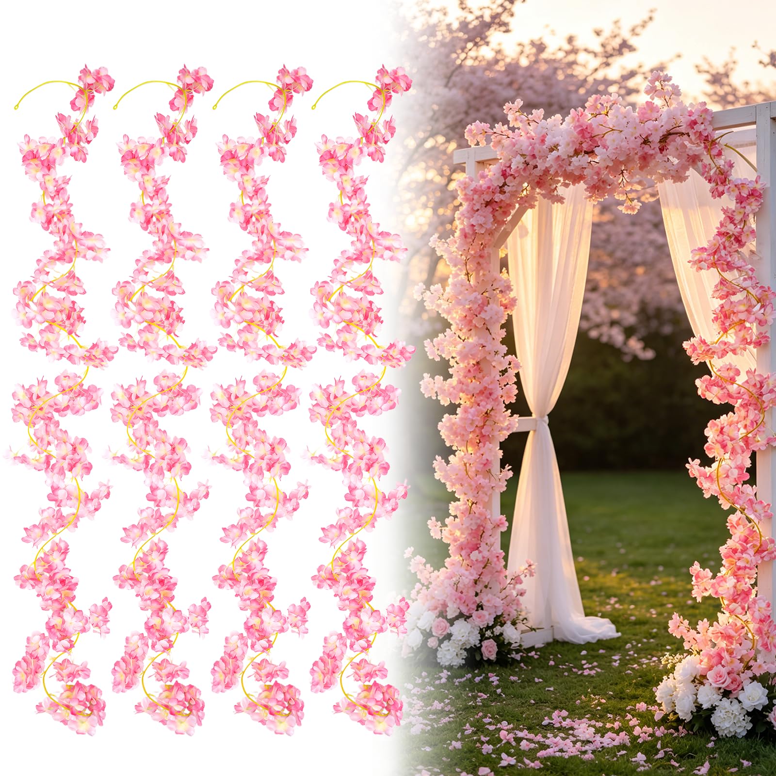 QEEYON 4 Pcs 180cm Cherry Blossom Garland, Artificial Pink Flower Garland Silk Sakura Vines Hanging Artificial Cherry Blossom for Home Wall Decoration Wedding Party Valentine Wreath Making