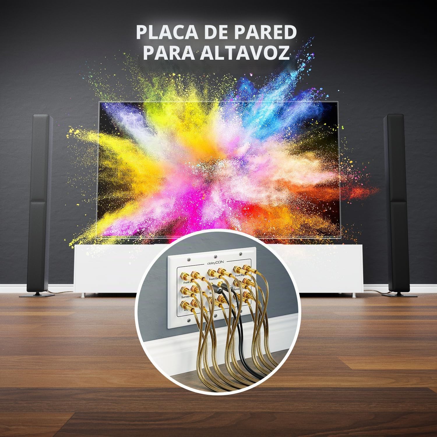 deleyCON Toma de Conexión Toma de Pared para Altavoz Placa de Pared con Enchufes Tipo Banana para Sistema Surround Sound 7.1 y Subwoofer para Cine en Casa