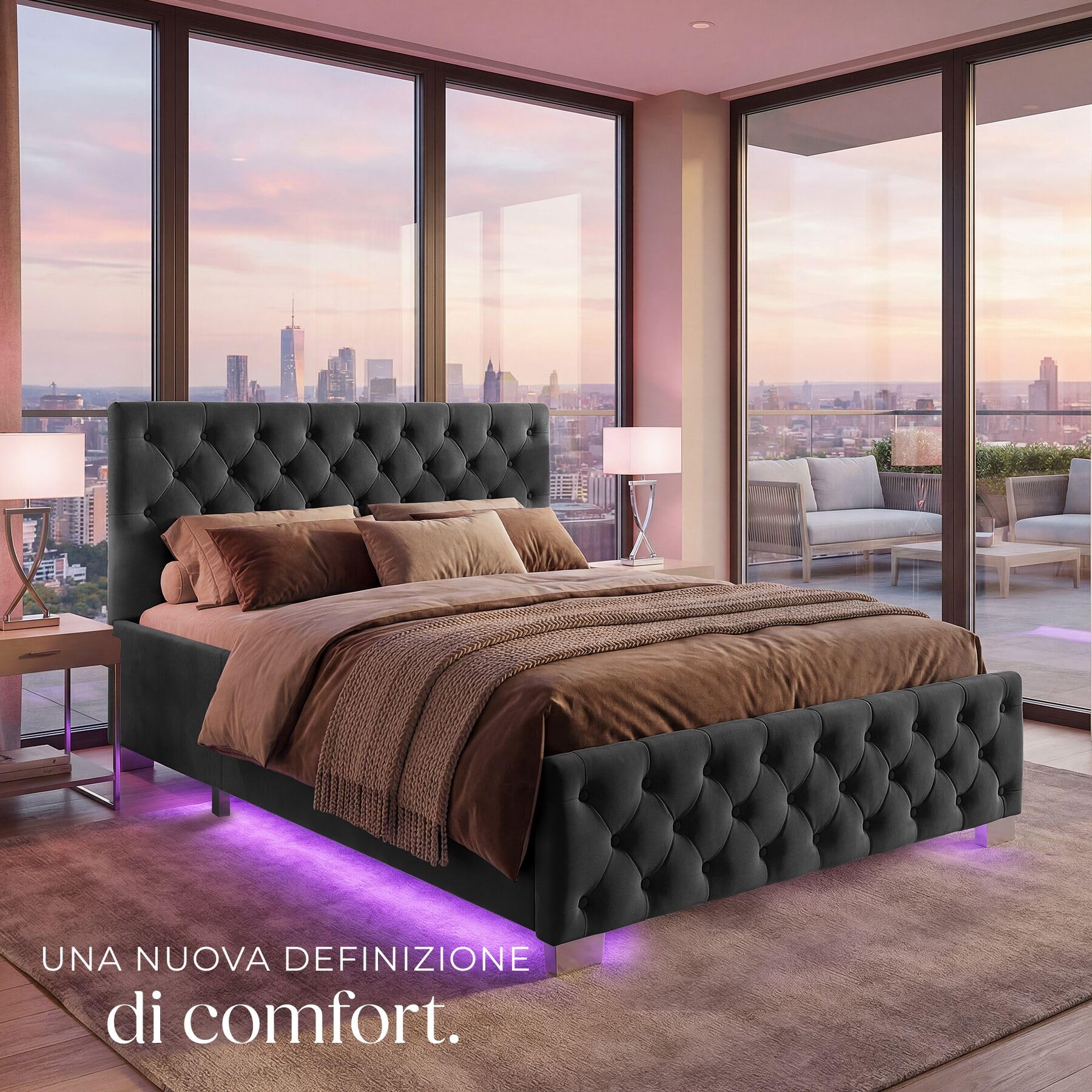 tectake® Letto Matrimoniale Imbottito con Rete a Doghe 120x200 cm, Letto Contenitore Matrimoniale e Illuminazione LED, Struttura in Acciaio, Velluto Trapuntato Chesterfield, con Telecomando - Nero