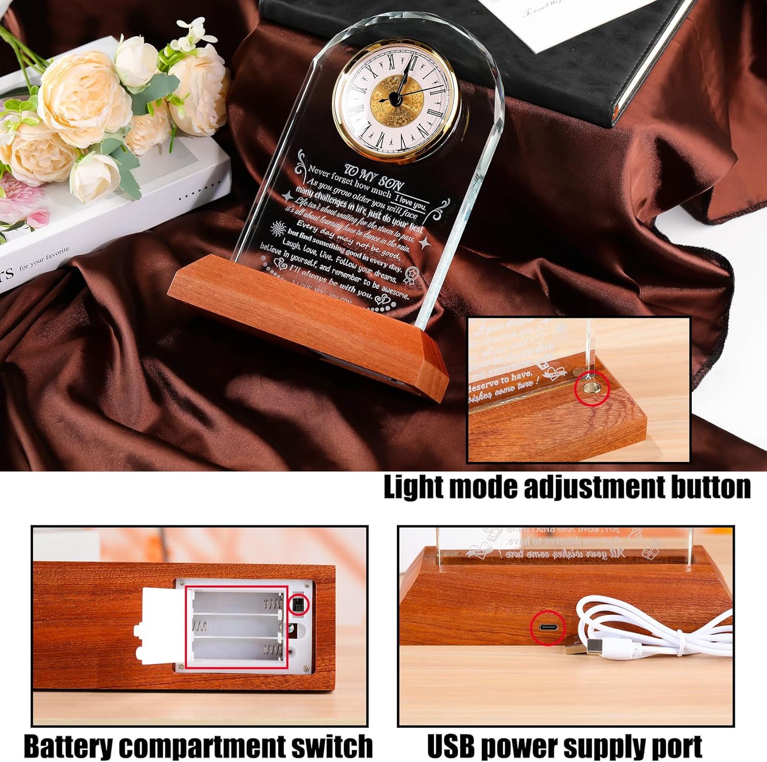 Inspirational Gifts for Son from Mom Dad Sons Crystal Clock with Wooden Light Base Unique Presents to My Sons Adult Best Son Ever Gifts for Birthday Graduation Thanksgiving Christmas