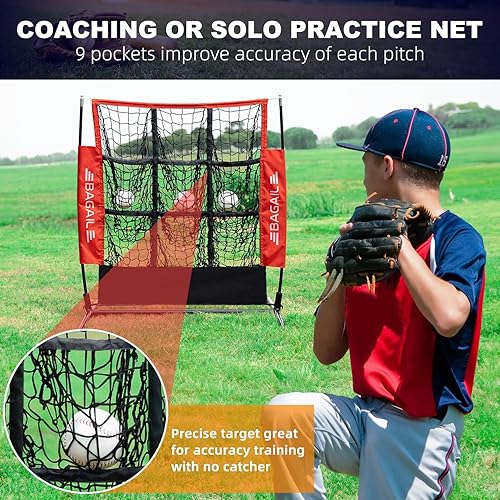 Miniatura 3 de BAGAIL Red de lanzamiento de béisbol y sóftbol, red de lanzamiento de 9 bolsillos, red de lanzamiento portátil para patio trasero con bolsa de