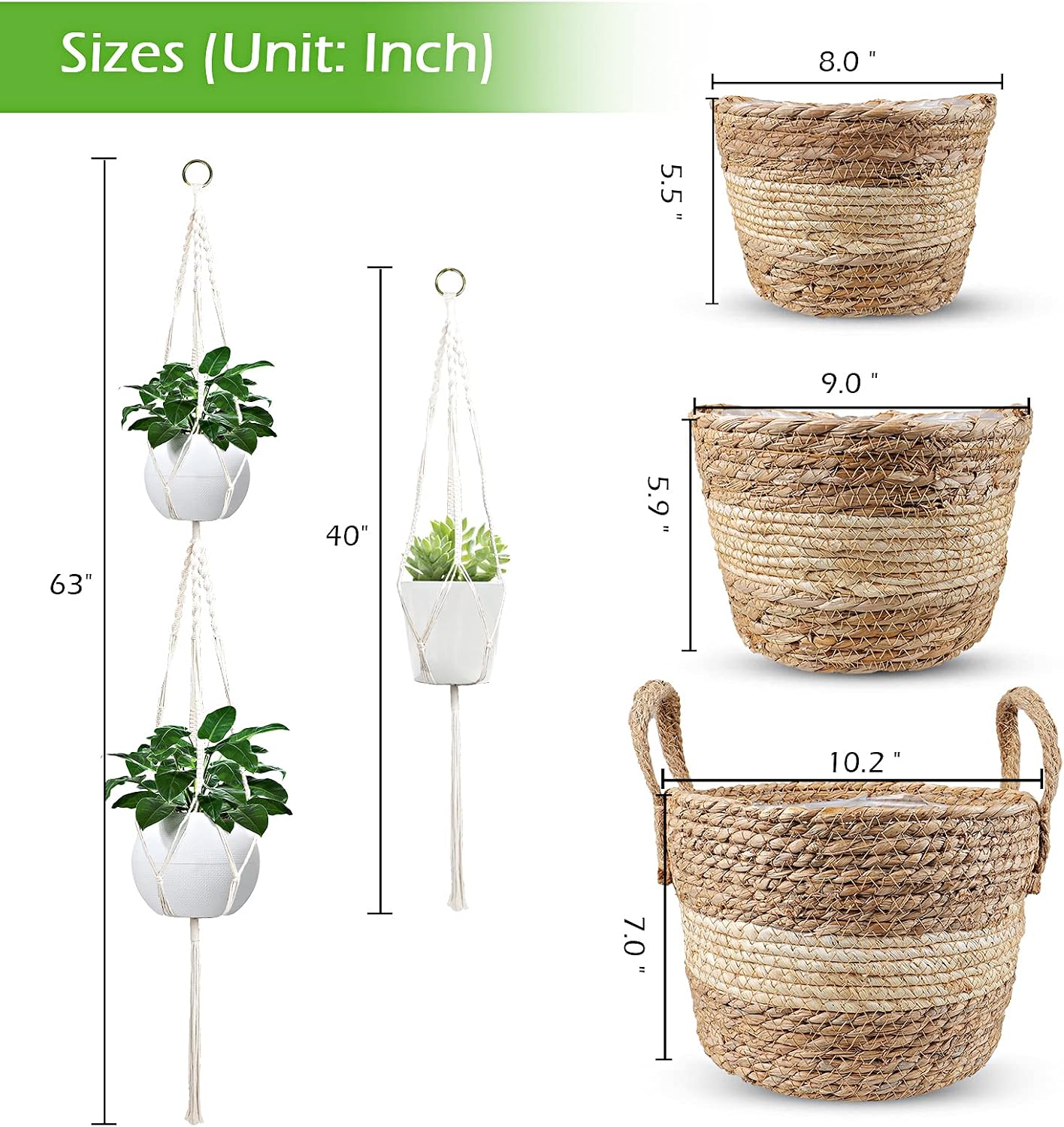 A3A ACADGQ 2+1 Tiered Macrame Hanging Planters Indoor and 3pcs Handmade Woven Seagrass Baskets for Boho Home Room Decor Interior Plant Hangers/Flower Pots, Gift for Plants Lovers