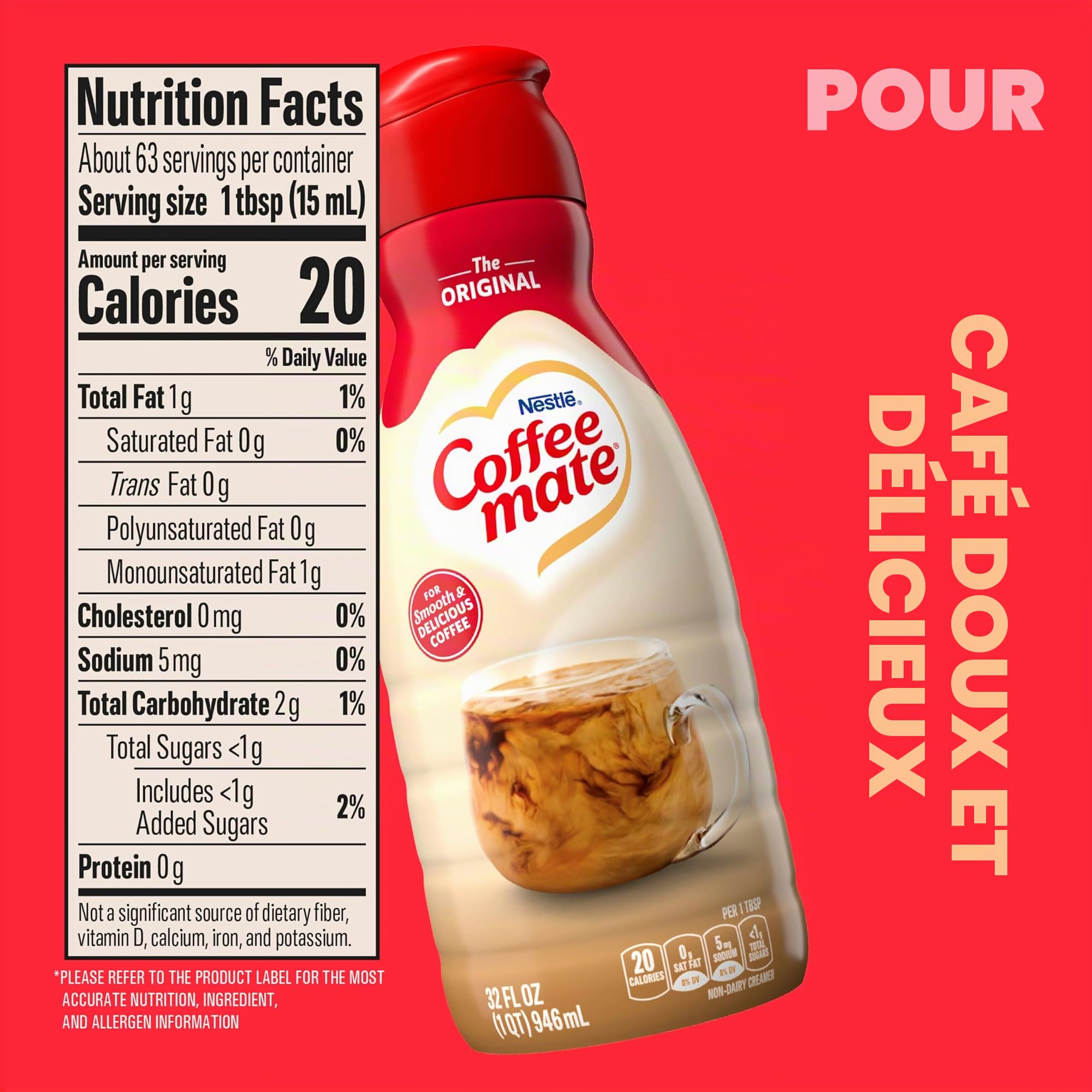 Coffee mate Original Crème à café liquide aromatisée sans gluten sans produits laitiers, 946 ml