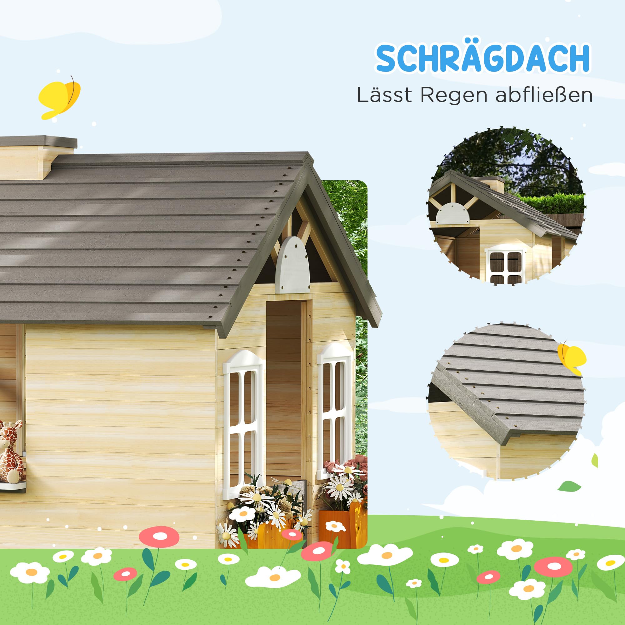 Outsunny Spielhaus Kinderspielhaus aus Holz mit Tür Fenster Briefkasten Blumentopfrack Gartenhaus für Jungen und Mädchen 3-7 Jahre Kinderspielzeug für Outdoor & Indoor Natur