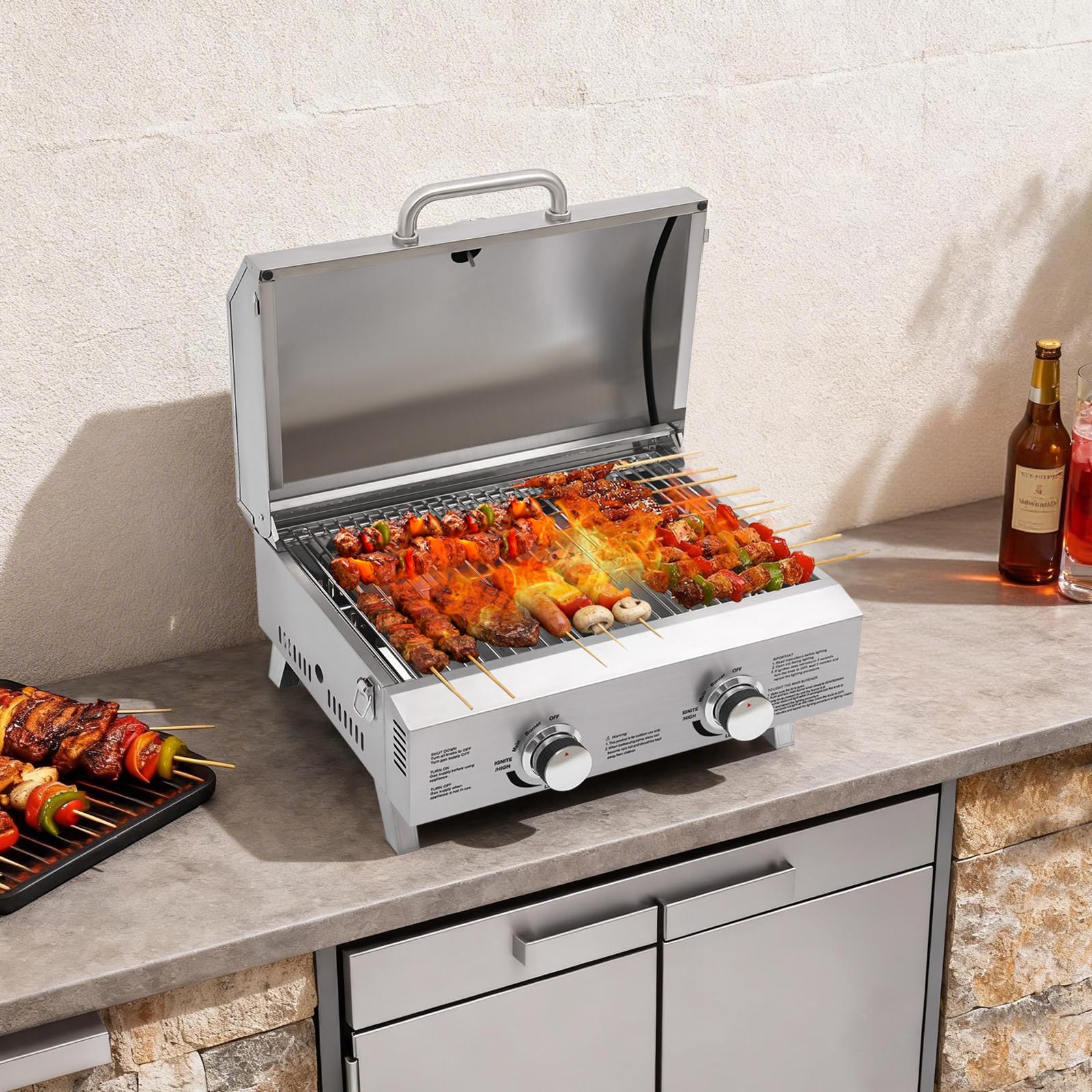 Barbecue a gas da tavolo professionale in acciaio inossidabile con 2 bruciatori, pieghevole per esterni, 55,8 x 45 x 38 cm, accensione piezoelettrica, barbecue da tavolo portatile con coperchio, per