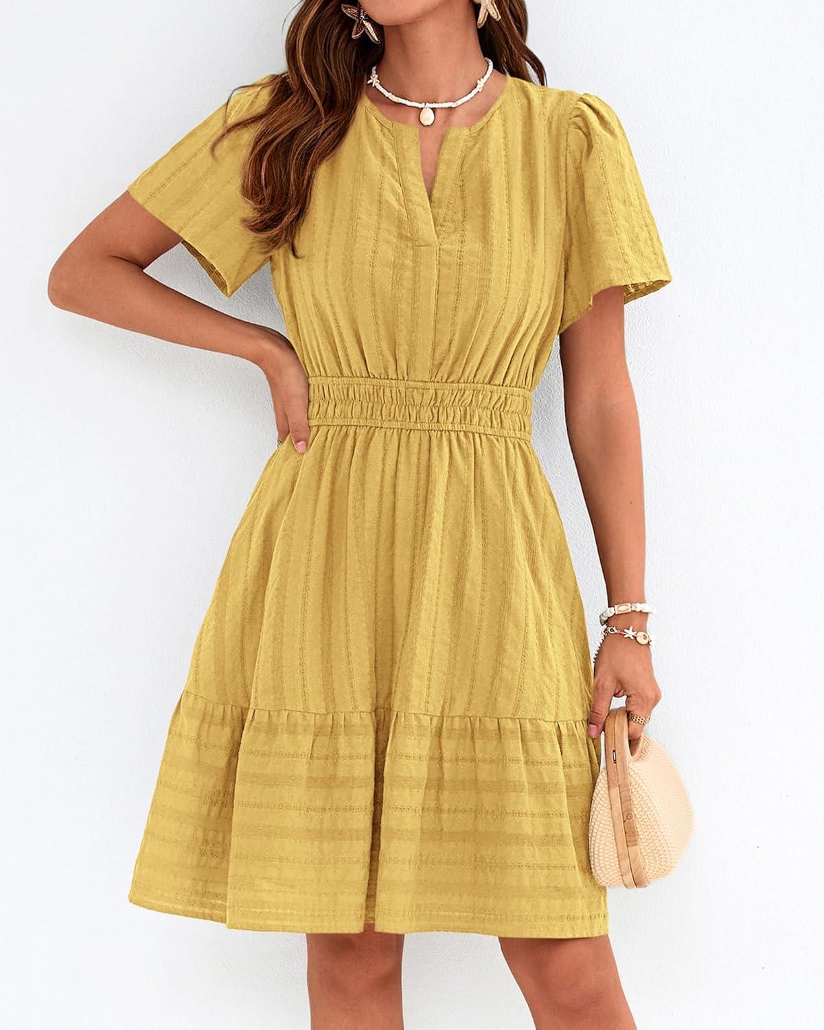 BTFBM Womens Spring 2026 Casual Mini Dresses Lightweight Short Sleeve V Neck Elastic Waist Cute Boho Beach Dress Pockets - Image 5