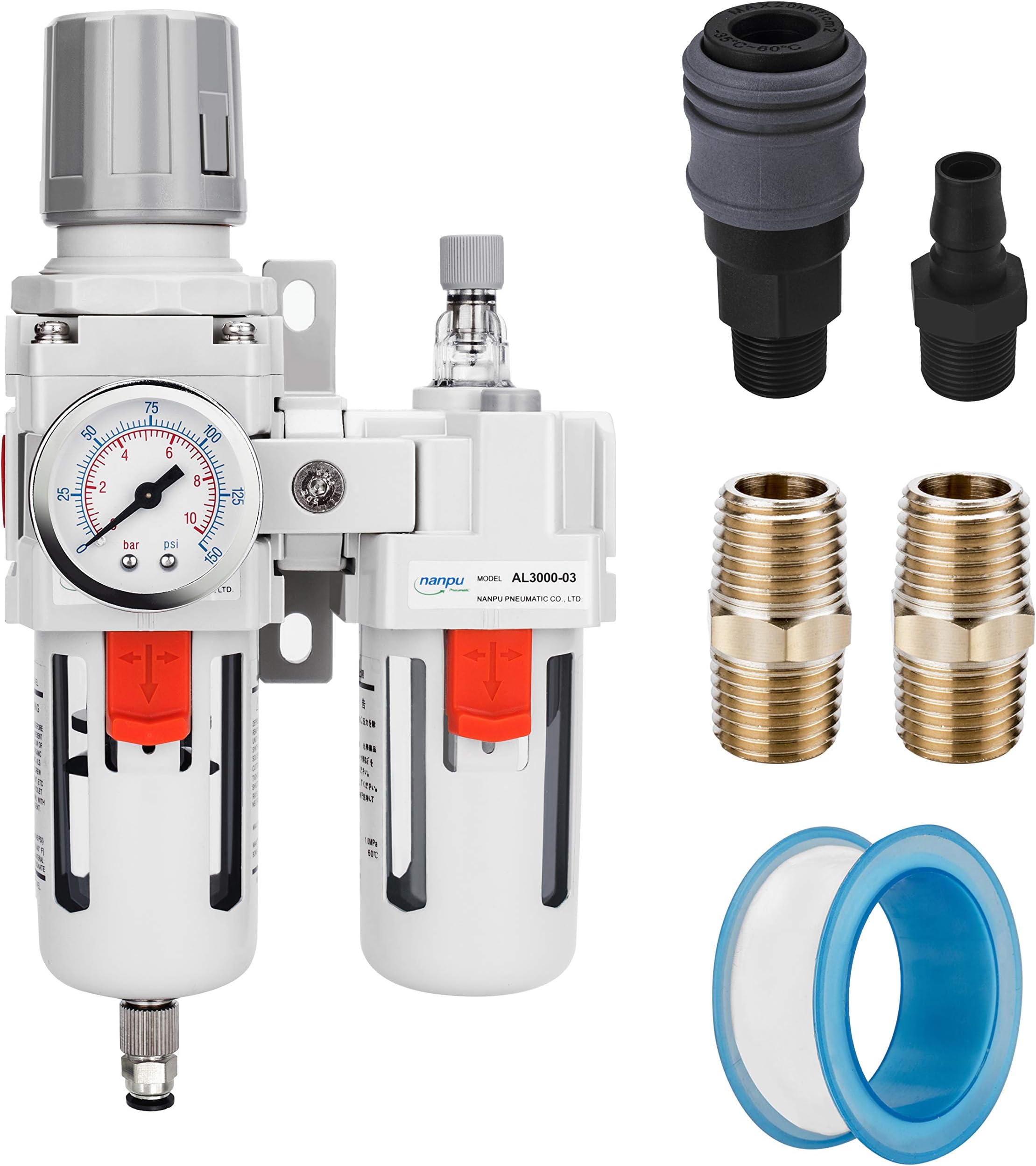 NANPU 3/8" NPT Compressed Air Filter Regulator Lubricator Combo Water/Oil Trap Separator - Gauge(0-150 psi), Poly Bowl, Semi-Auto Drain, Bracket - 3 in 1 Two Unit
