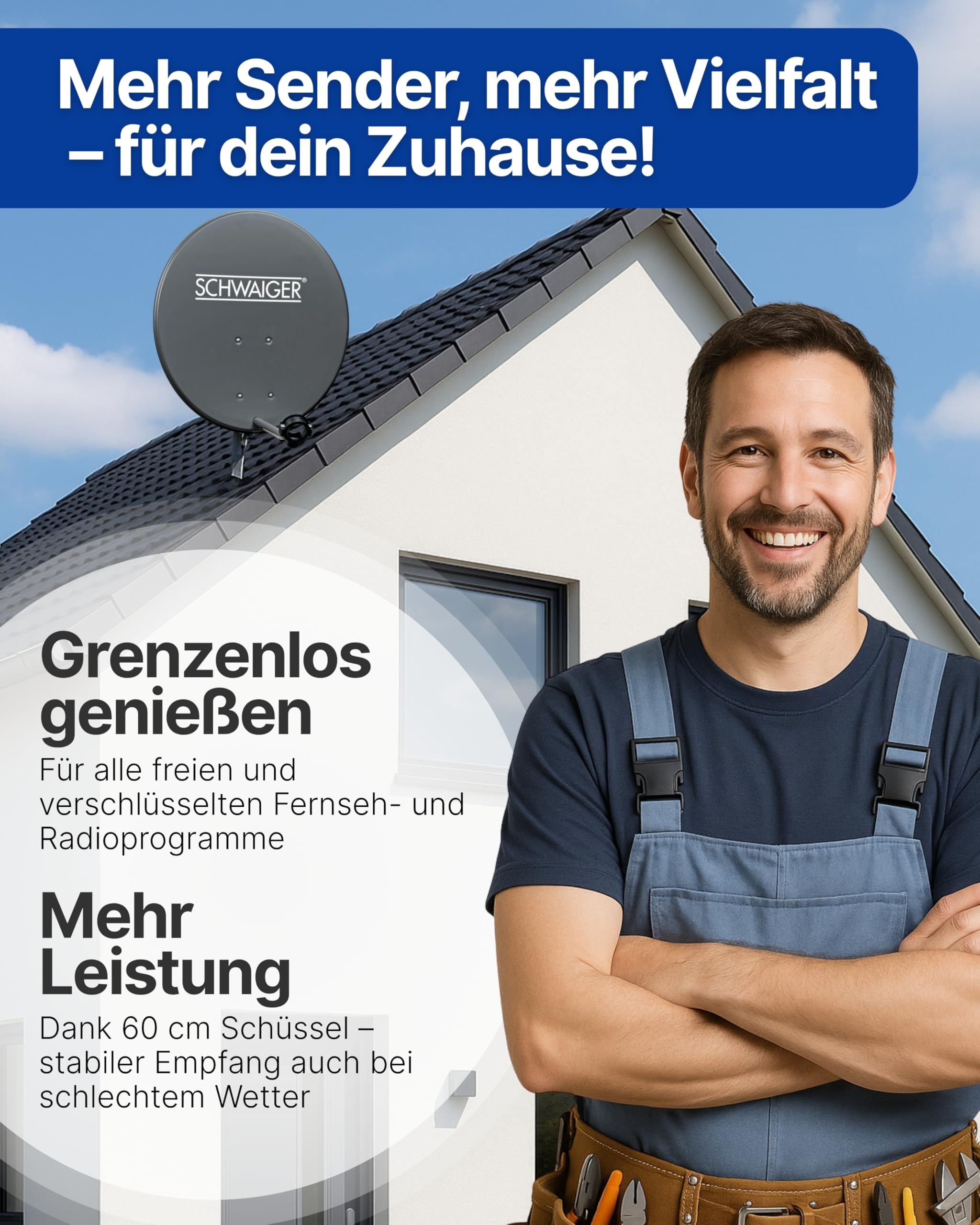 SCHWAIGER Satellitenschüssel Komplettset - Ø 60 cm Stahl Offset Antenne in Anthrazit - Inkl. sonnengeschütztes Twin LNB - Digital HD & 4K Empfang - Hitzebeständig & wetterfest