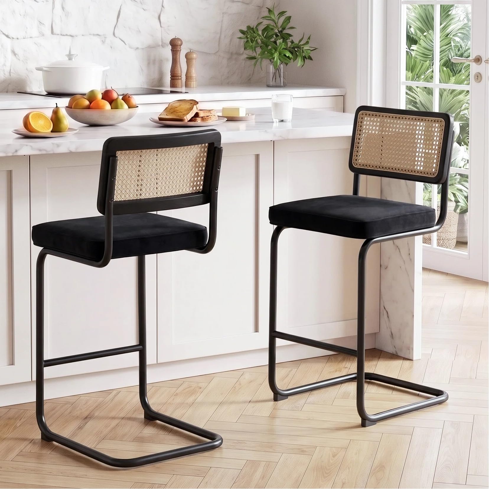 Zesthouse Natural Rattan Counter Stools Set of 2, 26" Modern Boho Barstools