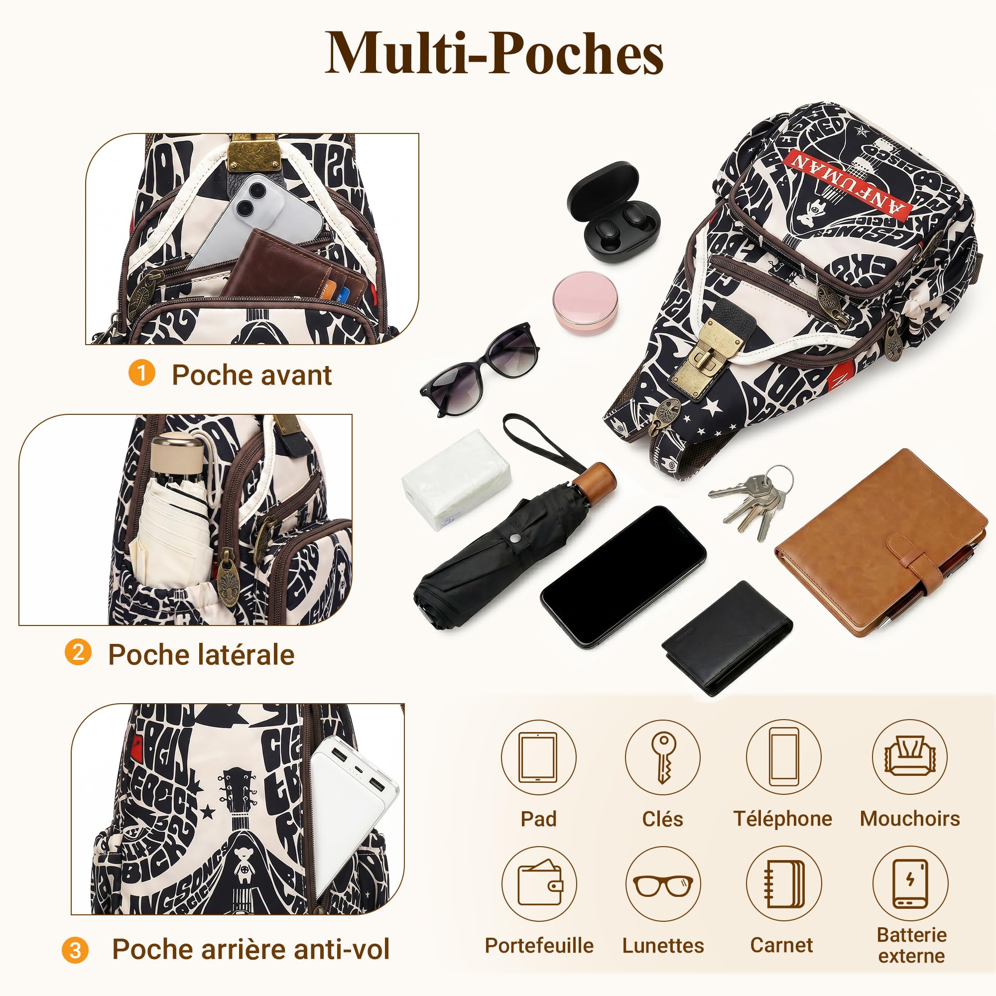 Mode Sac à Dos Femmes Décontracté Anti-vol Sac De Poitrine Rétro Messager Sacs À Bandoulière Voyage Travail Achats Fête Sling Sac D'épaule Nylon Sport Imprimé Sacs à Dos Noir B