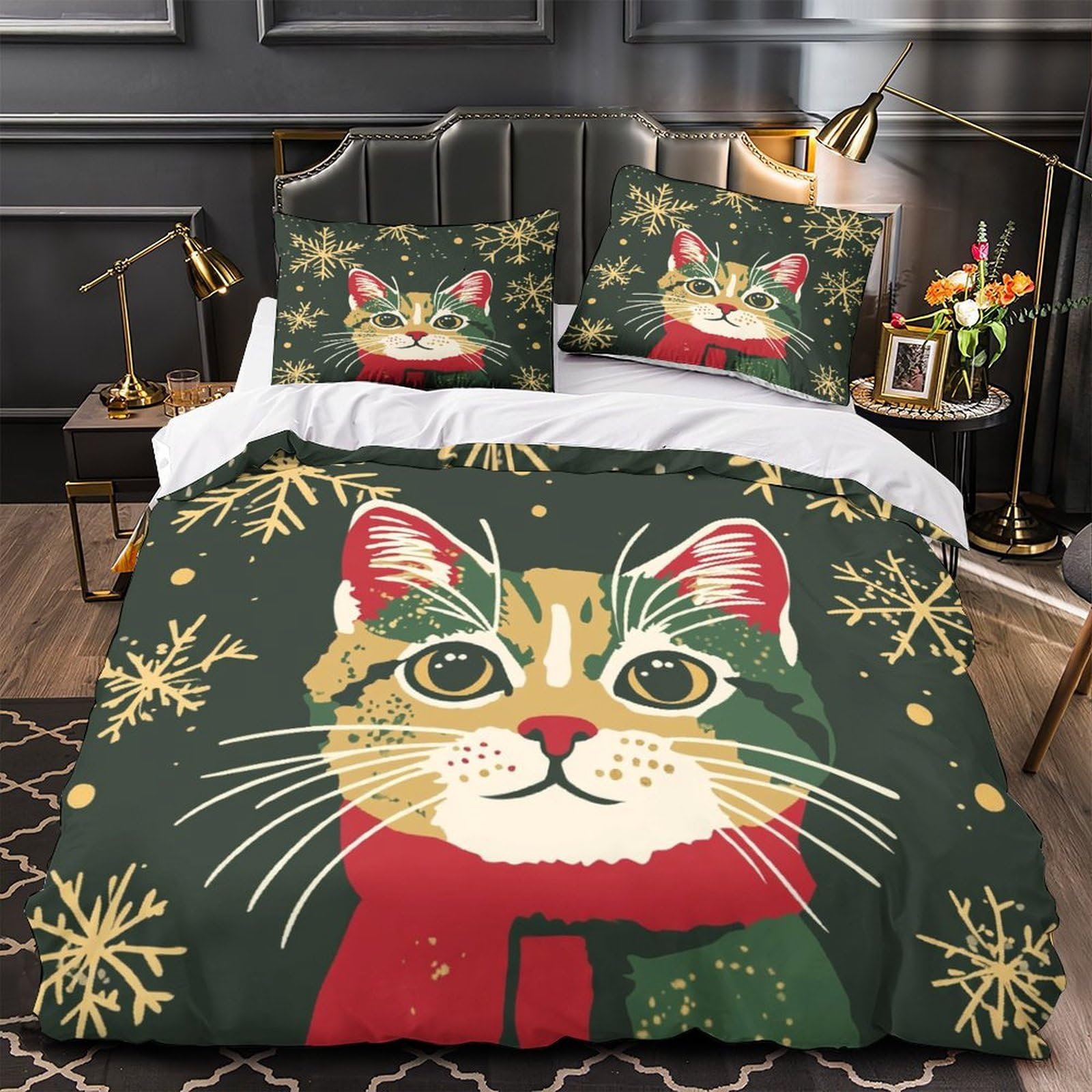 Housse de couette chat de Noël 220x240 en microfibre avec 2 taies d'oreiller pour lit King