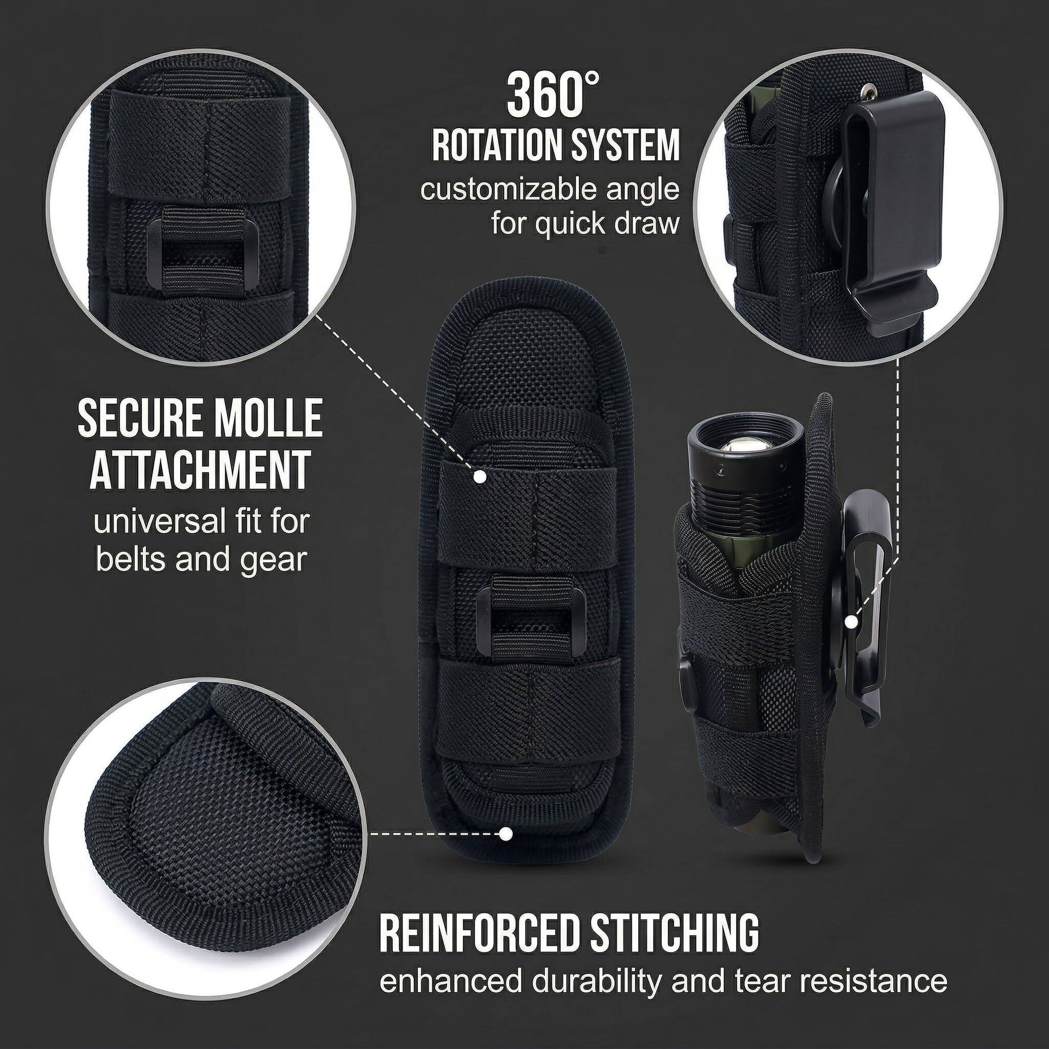 1 Unidad Funda Táctica Para Linterna, Funda Giratoria 360° De Liberación Rápida, Portalinternas Para Cinturón, Negro