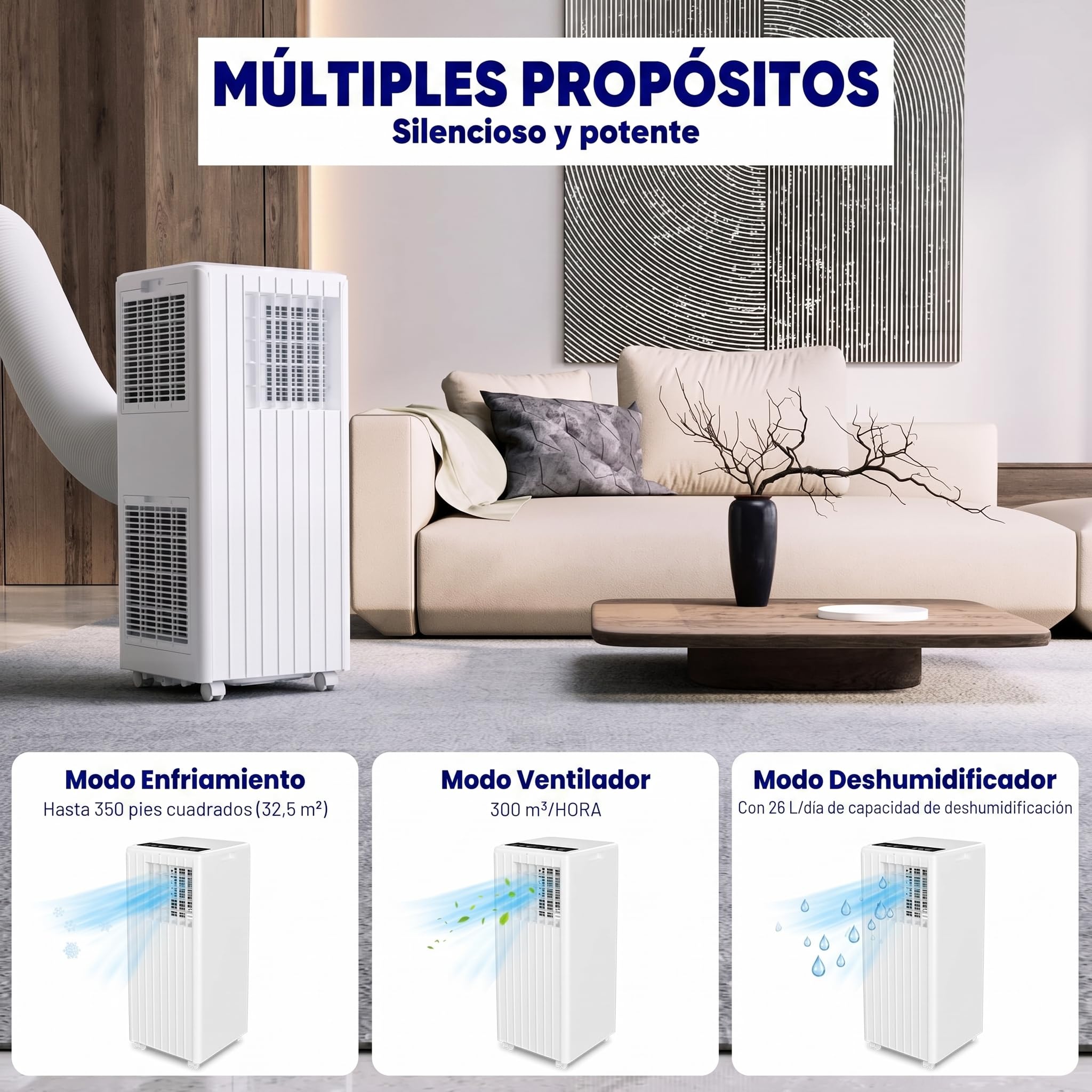 Garvee Aire Acondicionado Portátil 7000 BTU, 3 en 1 Refrigeración Ventilador y Deshumidificador 36L/día, Gas Refrigerante R290 Ecológico, 780W Bajo Consumo, Mando a Distancia con Kit Ventana, Blanco