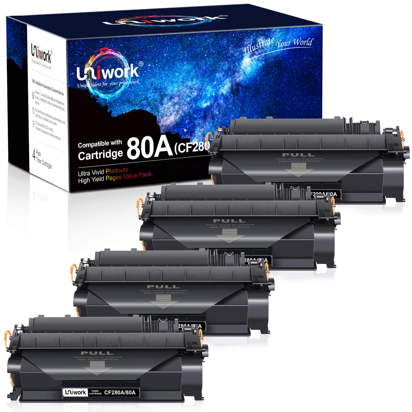 UniworkCompatible Toner Cartridge Replacement for HP 80A CF280A 80X CF280X 05A CE505A for Laserjet Pro 400 M401A M401D M401N M401DN M401DNE M401DW, MFP M425DN Printer (4 Black)