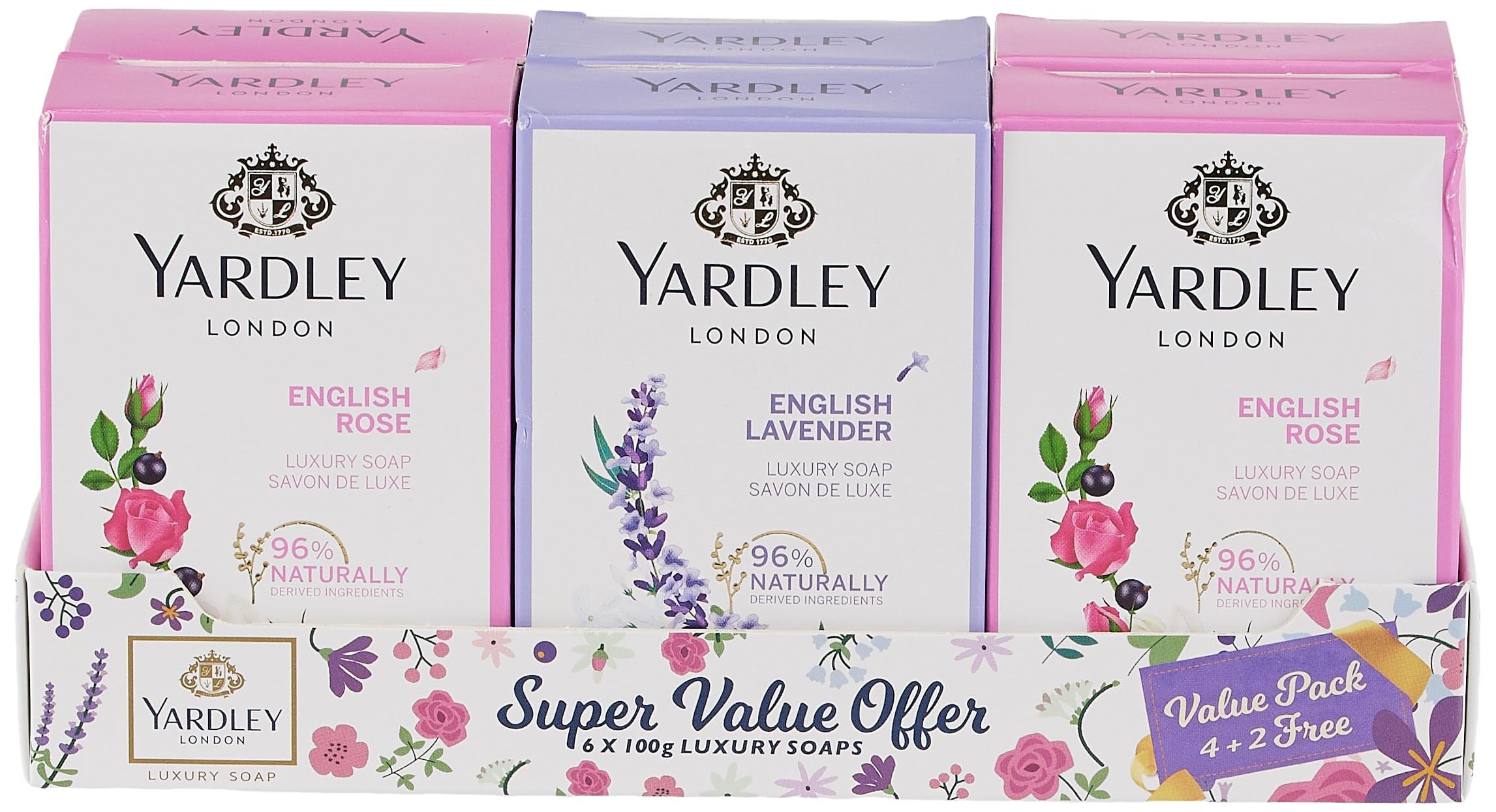 Yardley Soap Gift Set - 100g (Pack of 6) | Natural Ingredients With Essential Oils | Assorted Scents | For a Luxurious Bathing Experience