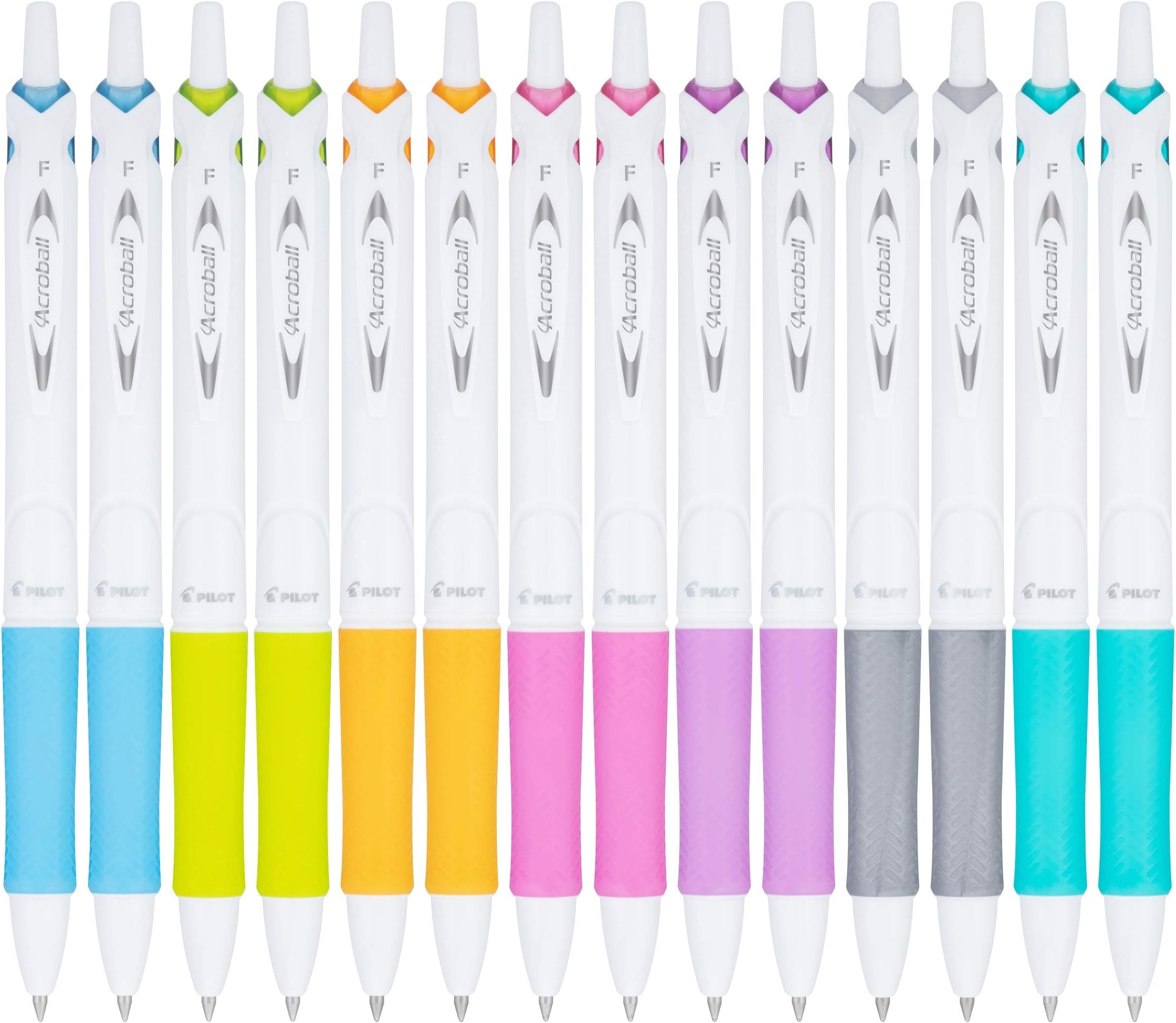 PILOT Acro Balls, Pure White, Advanced Ink, Refillable & Retractable Ballpoint Pens, Assorted Accents, Fine Point, Black Ink, 14 Pack (14691)