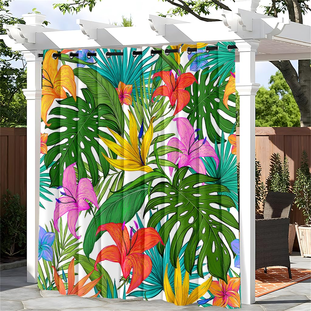 Hiseng Outdoor Curtains Waterproof, 1 Panel Pergola Curtains Eyelet Top - 3D Leaf Curtain Thick Privacy Thermal Insulated Sunshade Curtains for Garden Gazebo Patio Porch (180x213cm,Tree Leaves)