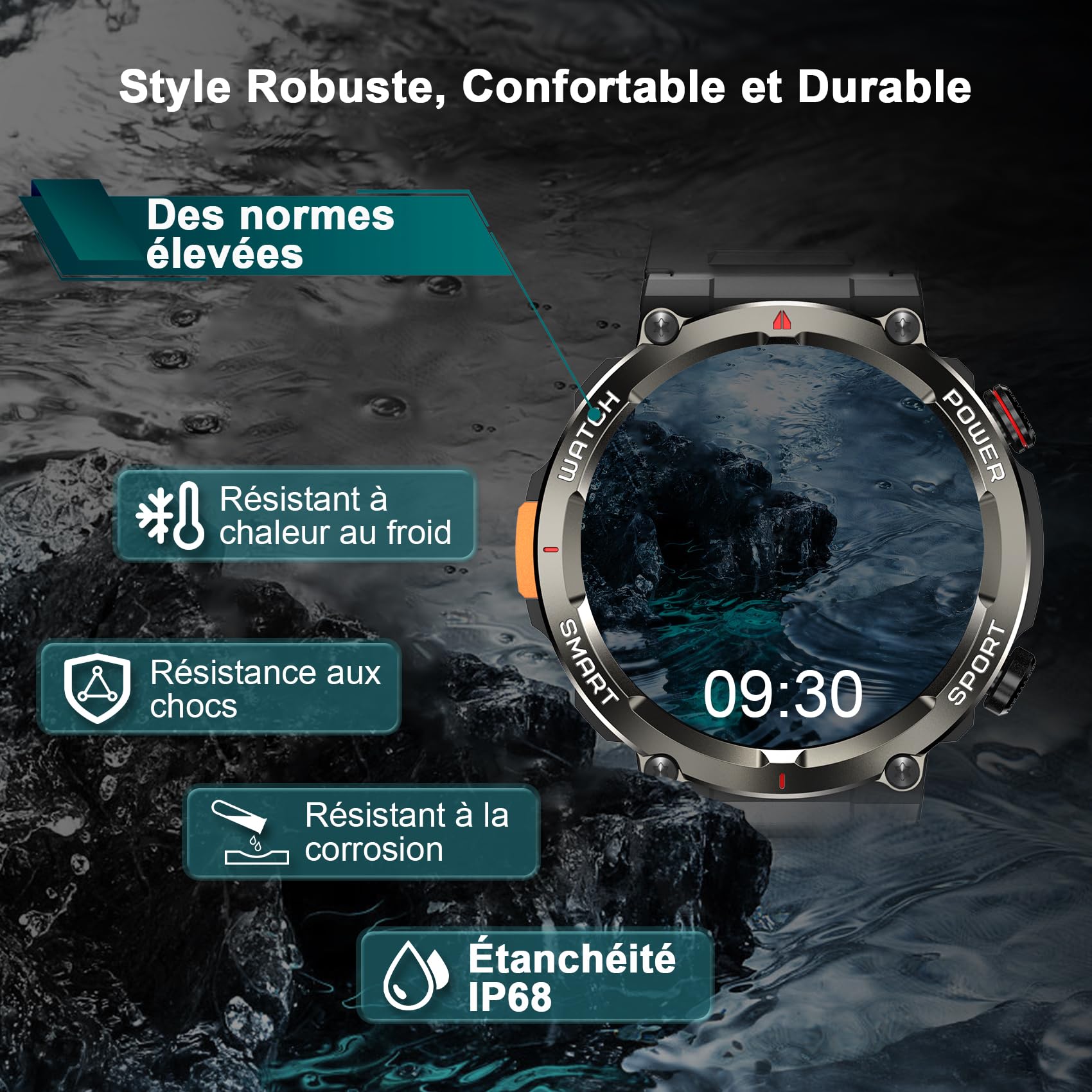 IOWODO Montre Connectée Homme, Appels Bluetooth, Whatsapp, 1,45" HD Ecran Tactile, Analyse Fréquence Cardiaque/SpO2/Sommeil, 120+ Modes Sportifs, IP68 étanchéité, Boussole, Android/iOS