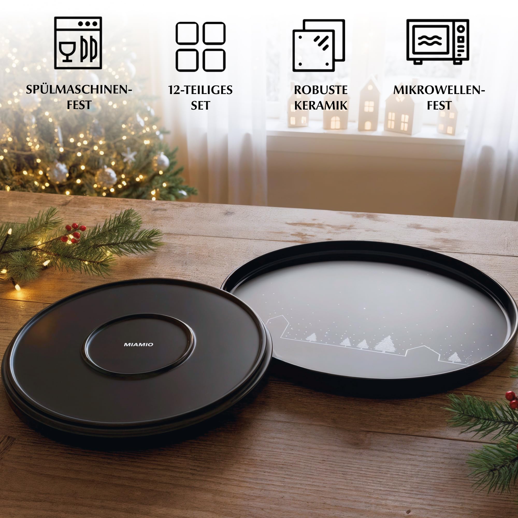 MIAMIO - Geschirrset/Tafelservice, Weihnachtsgeschirr (12-Teilig) - Vinter | Keramik Geschirrset mit Tellern und Tassen, Tafelservice Weihnachten, Geschirr Weihnachten, Geschenk Set - spülmaschinenfest