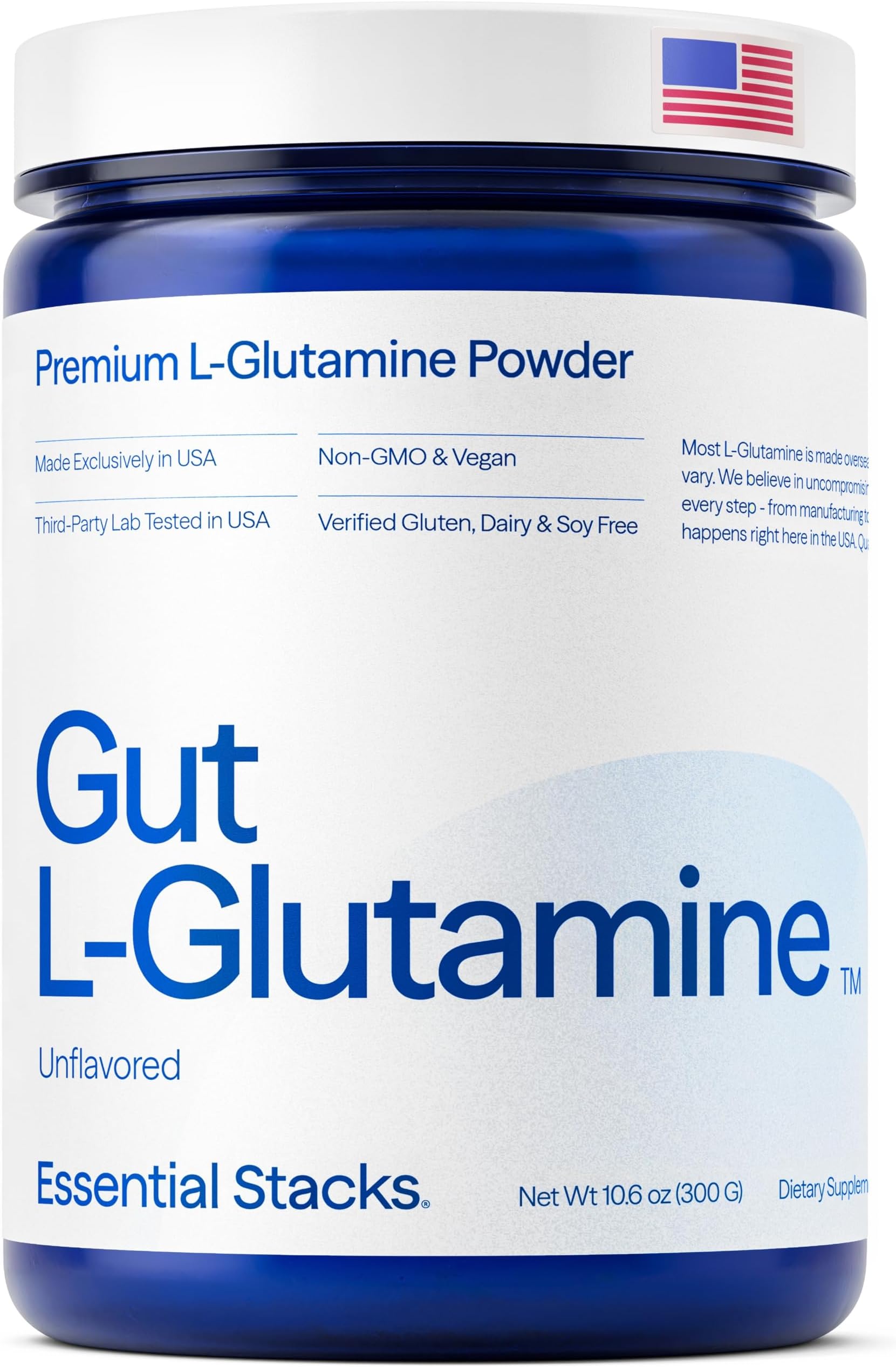 Essential Stacks Gut L-Glutamine Powder - Made in USA - Pure L Glutamine Powder for Leaky Gut, Bloating & Gut Health - Dairy, Soy & Gluten Free, Non-GMO, Vegan Glutamine Supplement