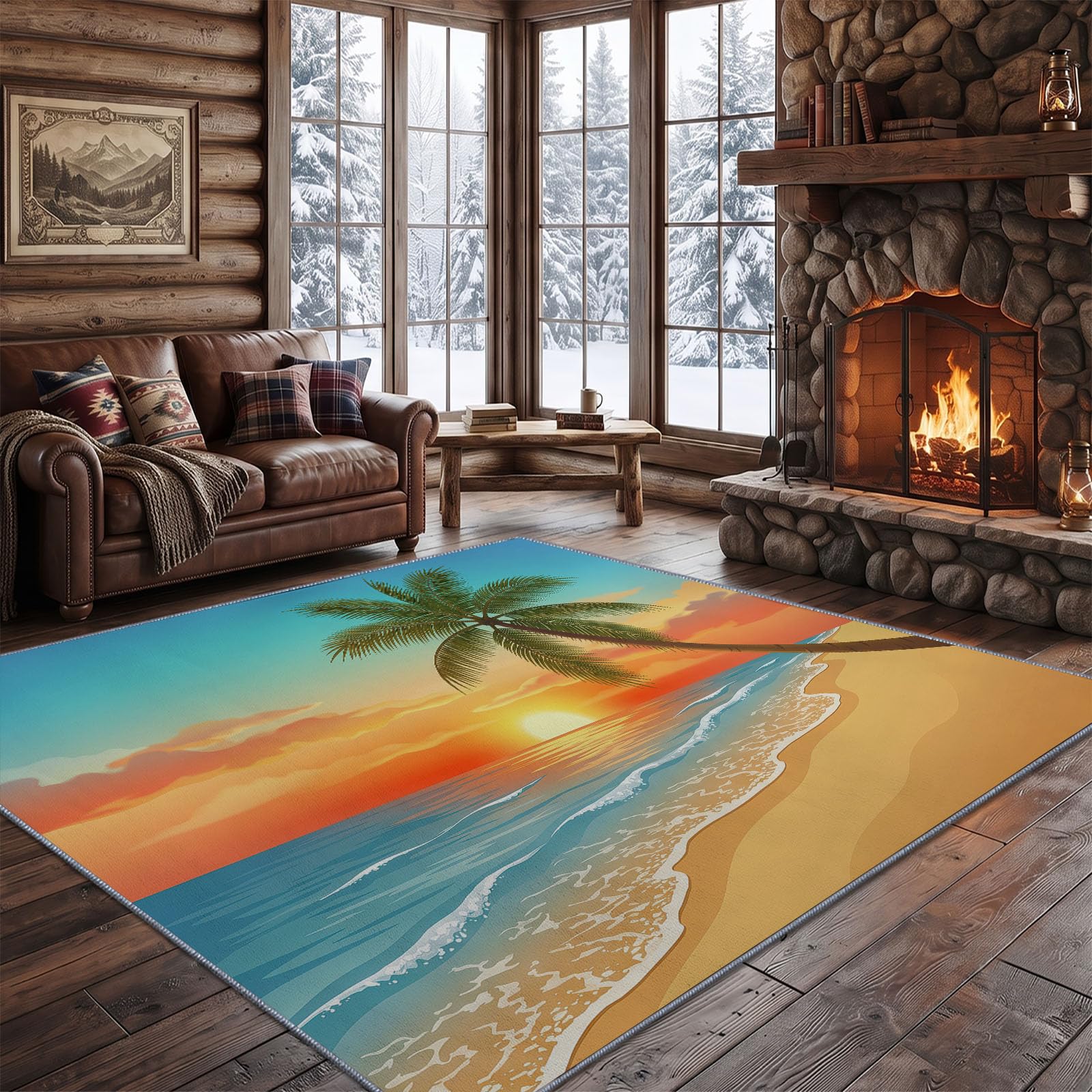 Tappeto per soggiorno, 160 x 230 cm, motivo tropicale, palme, spiaggia, tramonto, onde, a pelo corto, lavabile, moderno, antiscivolo, per sala da pranzo, cucina, camera da letto, arancione