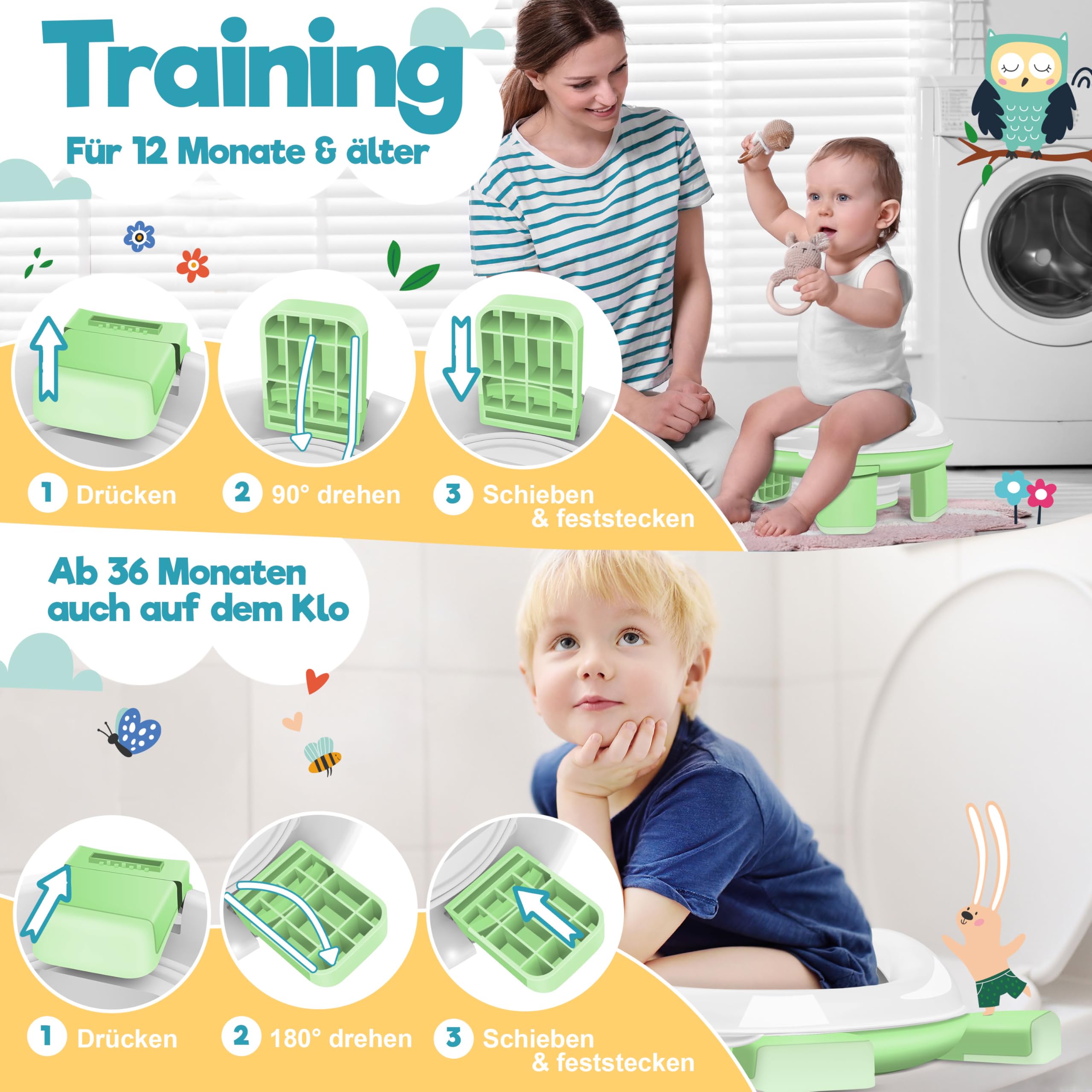 KIDIZ® Vasino per bambini con sedile per WC, comodo vasino, materiale PP con sacchetto della spazzatura, vasino per bambini per viaggiare e sistema di ricompensa con adesivi, soluzione 3 in 1