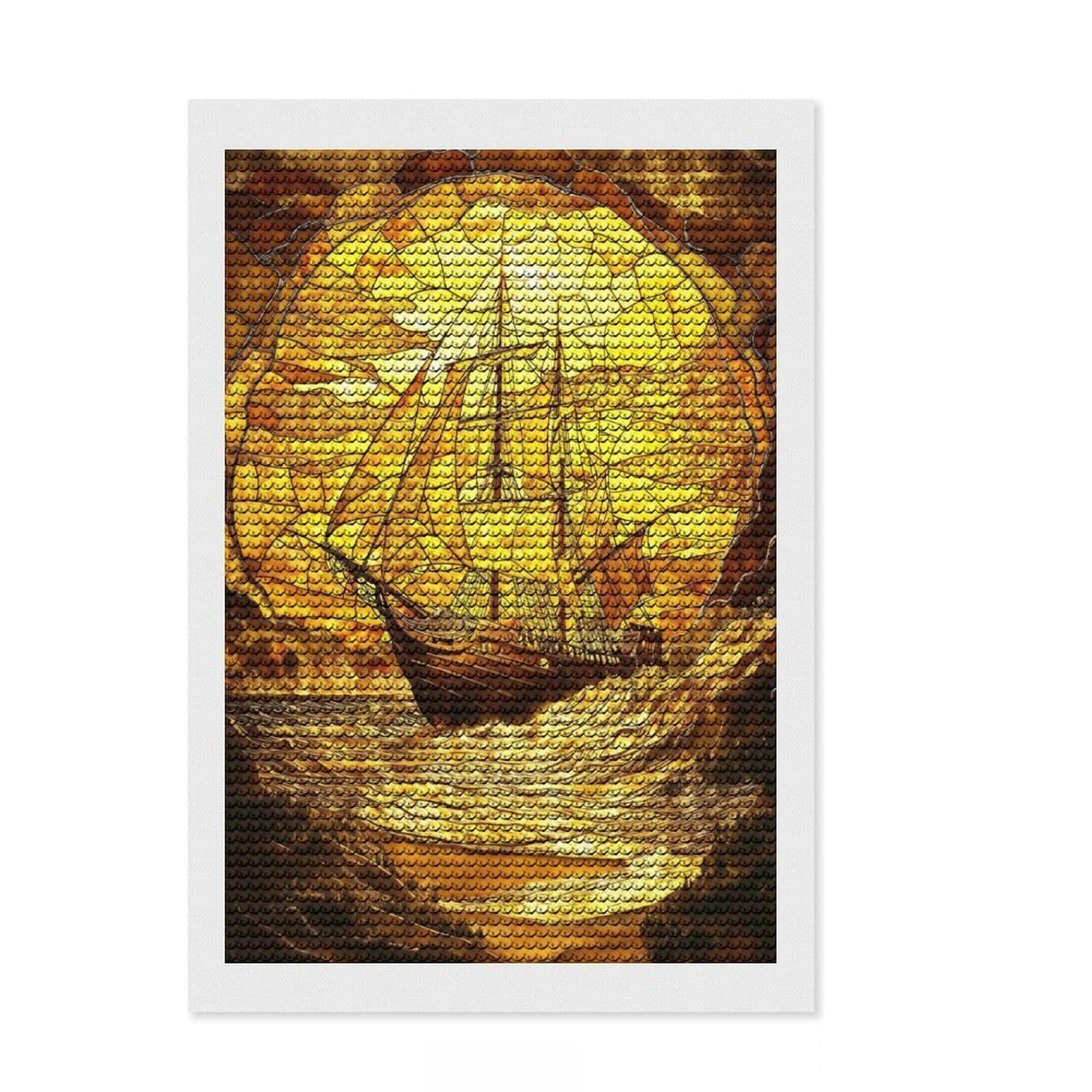 Junmoney Amber Stained Glass Ship Diamond Painting Kit 8"x12", for Adults, Full Kit Included, Boho Decor, Thoughtful Handmade Gift, with Tool Kit
