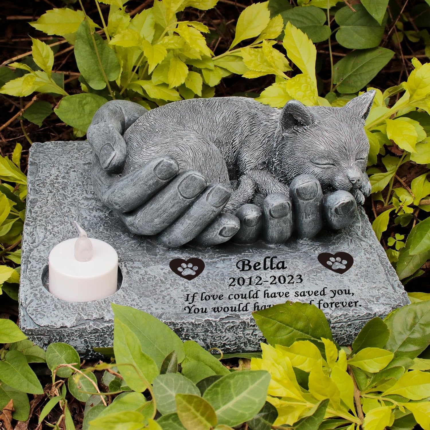 JHB Personalisierte Katzen Gedenksteine, lasergravierte 3D-Statue schlafende Katze, Wasserdicht Katze Grabstein, Katzen Gartensteine, Katze Grab Markierungen,Haustier-Grabstein Kitty, Katzen-Andenken