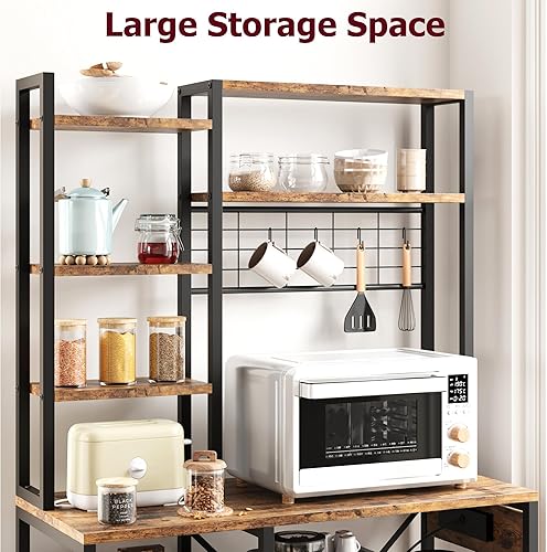 Miniatura 7 de IDEALHOUSE Estante para panaderos con toma de corriente, soporte para microondas con 2 cajones de alambre, estación de barra de café industrial,
