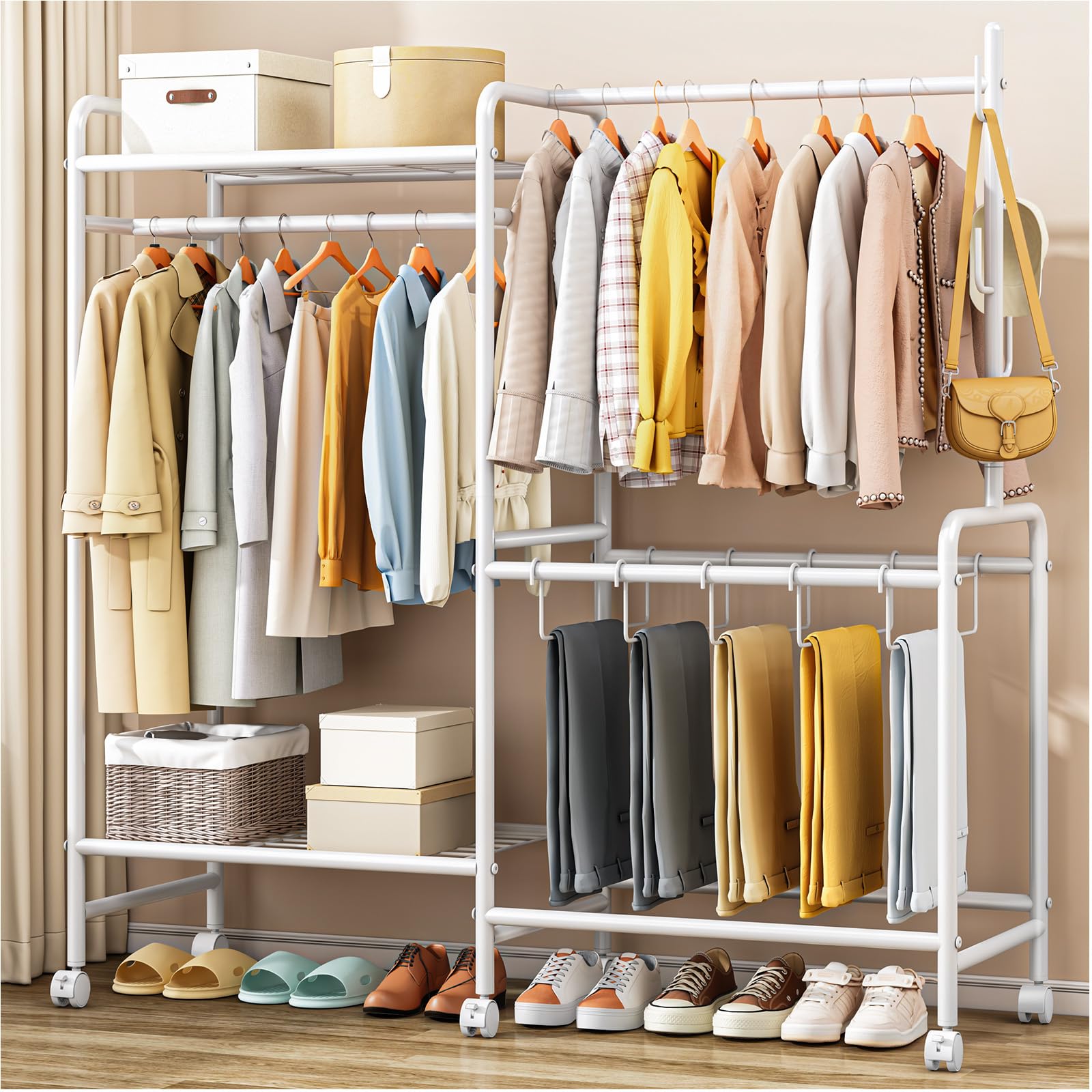 Casavibe Heavy Duty Clothes Rail with Wheels, 125KG Metal Clothing Rack with Trouser Rack, Top Shelf, 4 Hooks & 5 Trouser Hangers, Sturdy Wardrobe Clothes Rail for Bedroom Hallway Shop White