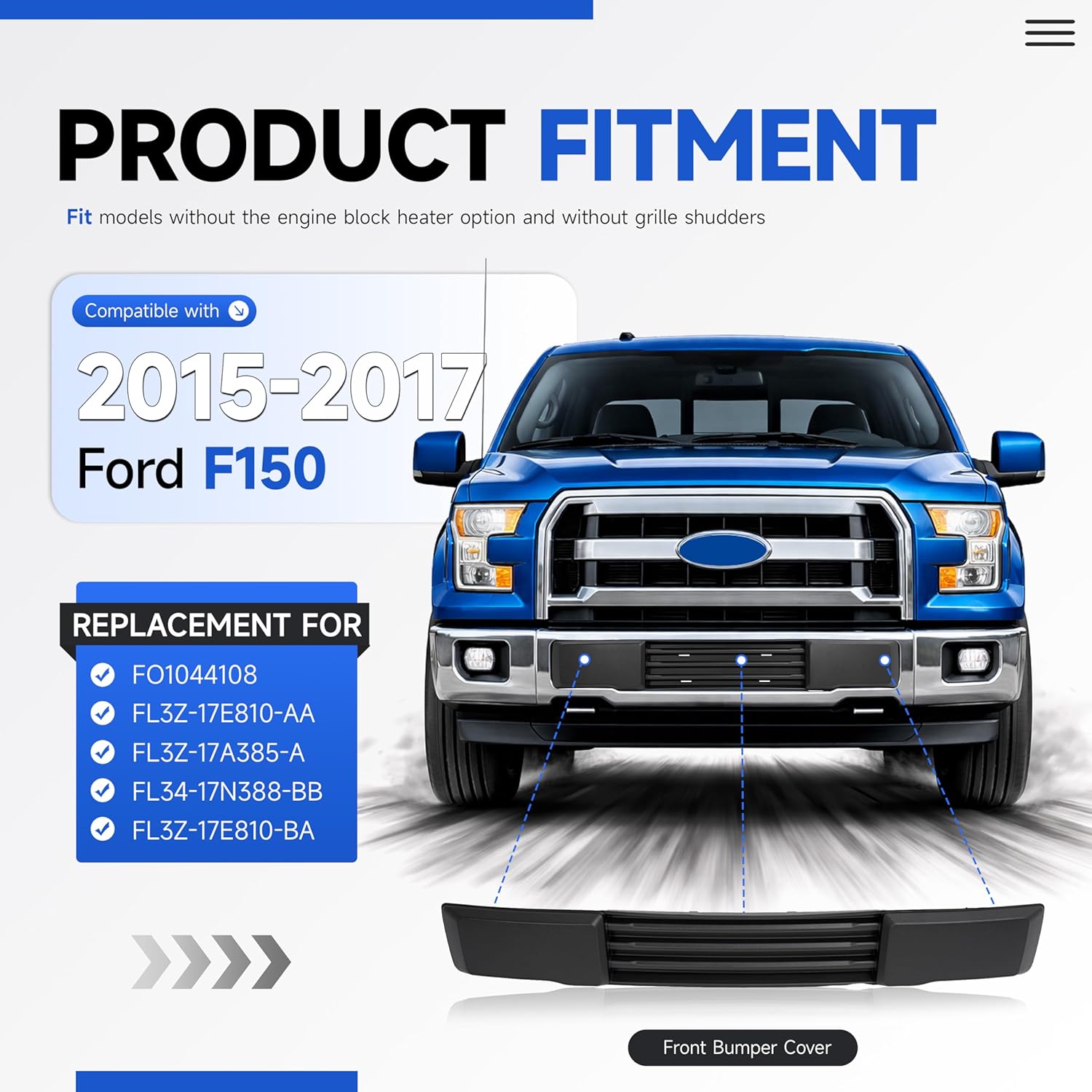 KUAFU Front Bumper Cover Compatible With 2015 2016 2017 Ford F150 F-150 FO1044108 FL3Z-17E810-AA w/o Block Heater & Grille Shutters Lower Grille Trim Panel License Plate Bracket Mount Fascia Cover