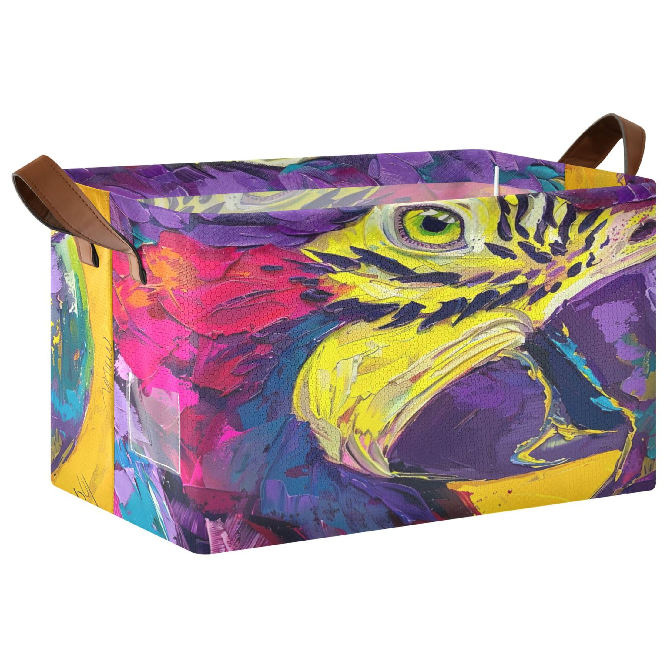 Kutsu Foldable Storage Basket Parrot Painting Collapsible Storage Bin with Handles for Shelves, Rectangle Basket for Home Nursery Decor, 16.9x11.4x10 in