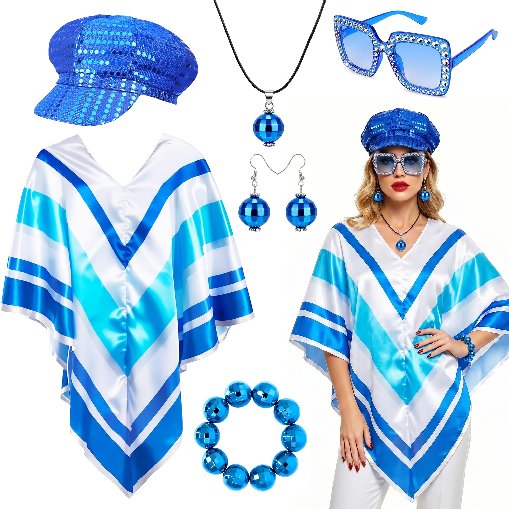 6 Pcs Abba Outfits for Women, 70s Disco Fancy Dress Set with Pop Poncho Glitter Sequin Beret Hat Square Sunglasses Earrings Necklace & Bracelet for 70s Theme Party Music Festival Carnival (Blue)