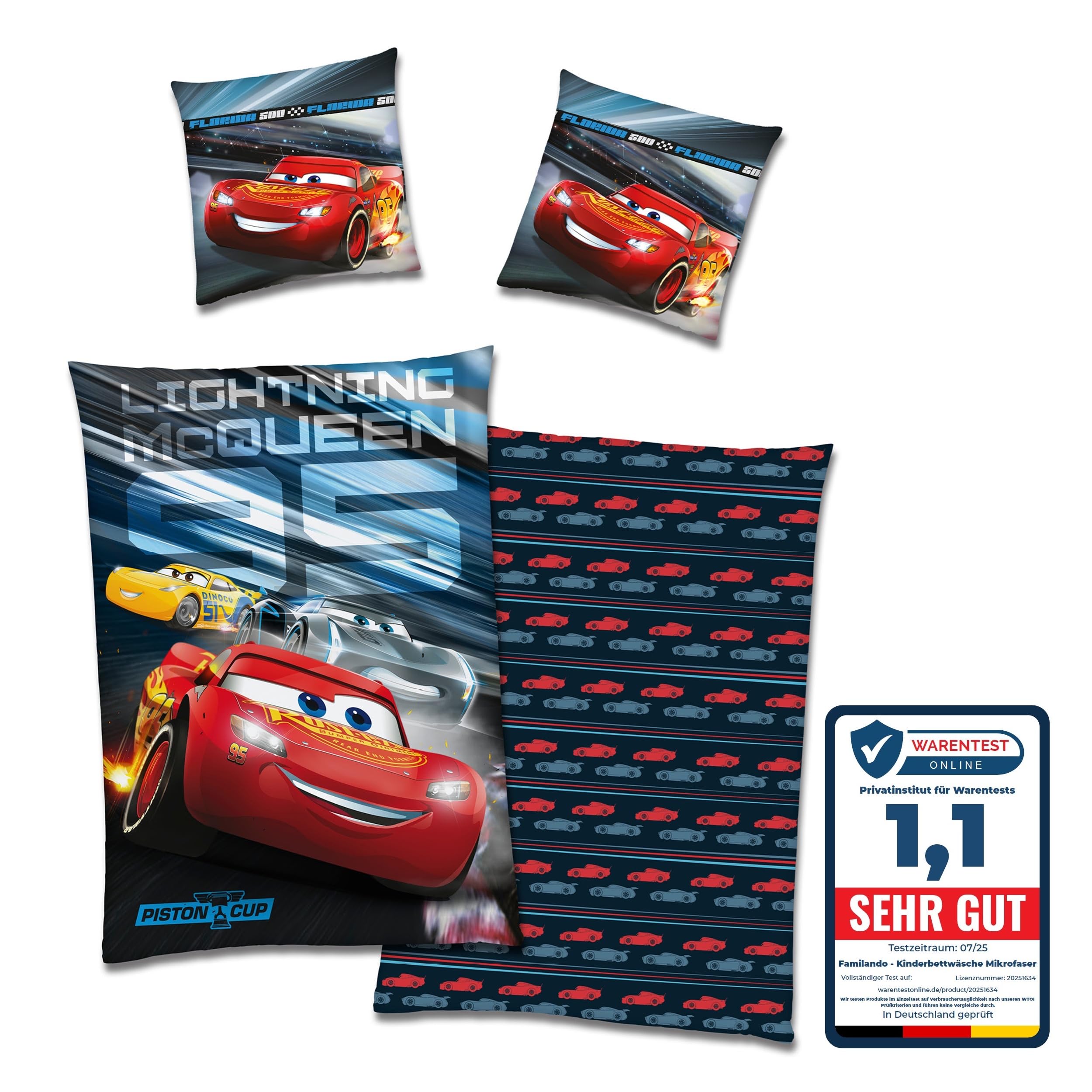 Familando – Disney Cars Warme Fleece Bettwäsche Set – Decken- & Kissenbezug 135x200 cm & 80x80 cm mit Reißverschluss – Wendemotiv mit Lightning McQueen, Cruz Ramirez & Jackson Storm – Öko-TEX Zert.