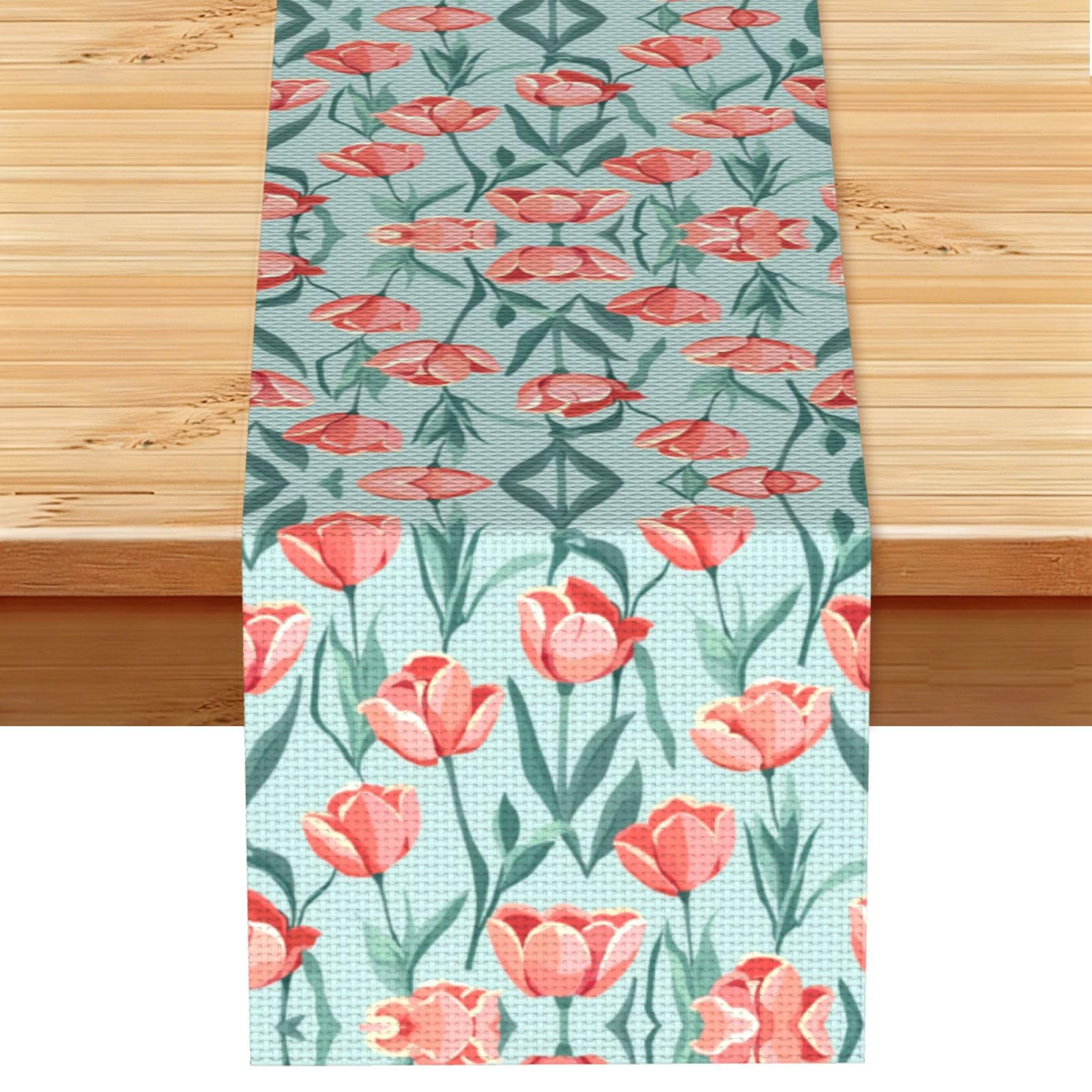 Clean Coral Green Tulip Printed Table Runner 13 x 72, Wrinkle Resistant Decor for Dining Table Coffee Table Fireplace