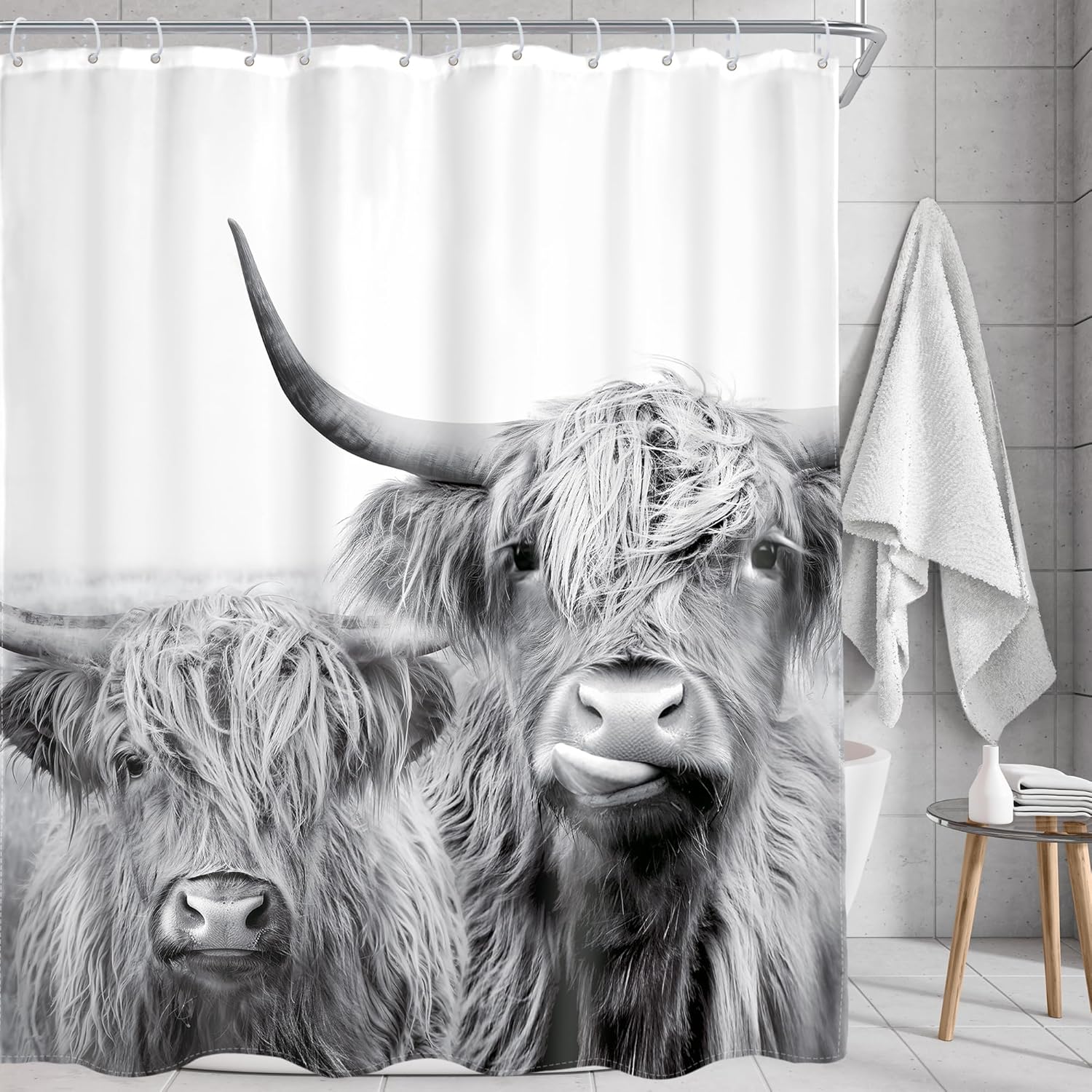 AMBZEK Two Cows Shower Curtain 72Wx72L Inch Rustic Bull Highland Cow Farmhouse Country Western Wild Animal Cattle Funny Artwork Cloth Fabric Waterproof Polyester Bathroom Decor Set with 12 Pack Hooks