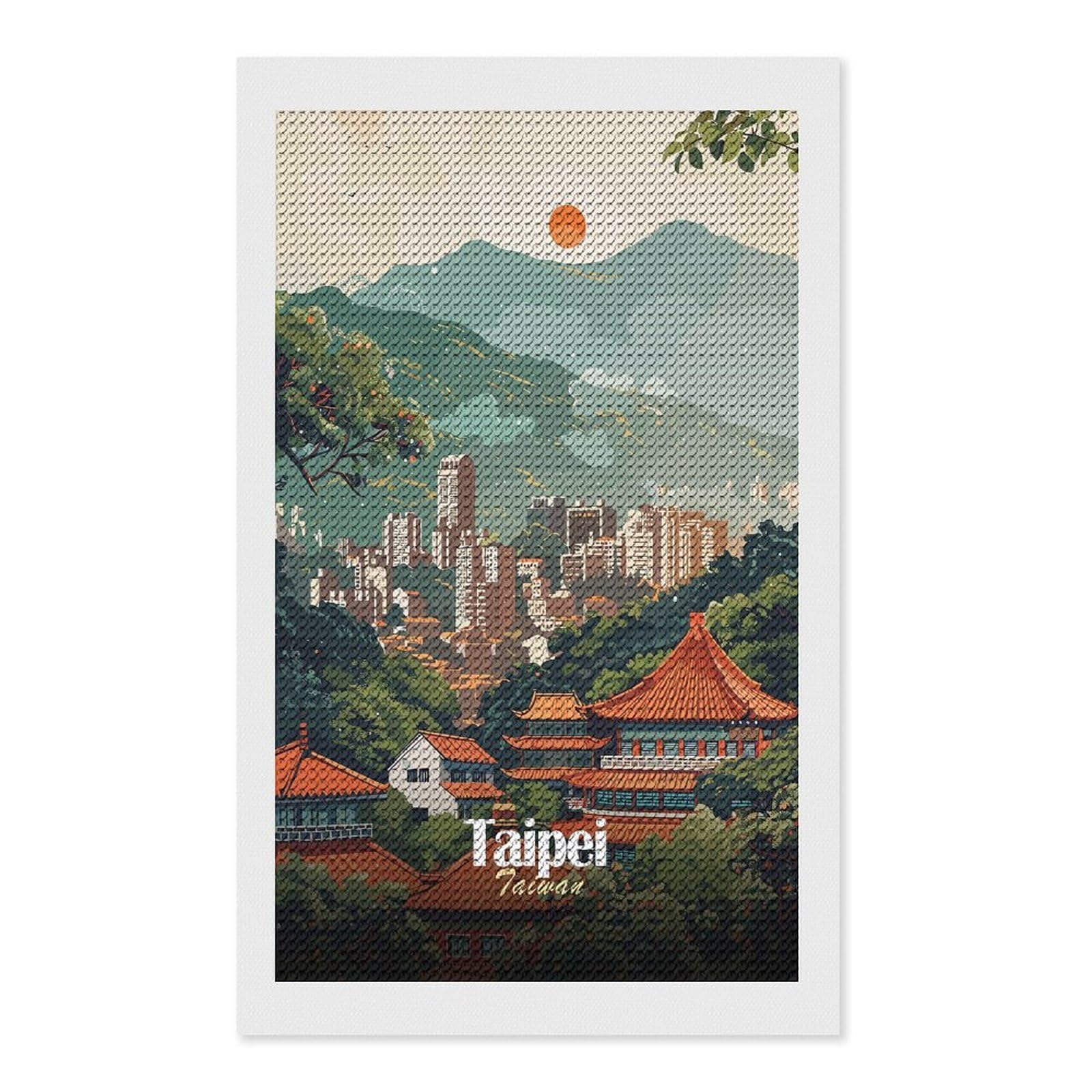 Junmoney Taipei Cityscape Illustration Diamond Painting Set 12"x20", for Beginners, Modern Decor, Simple to Start, Gift Idea, Pleasing Wall Art Project