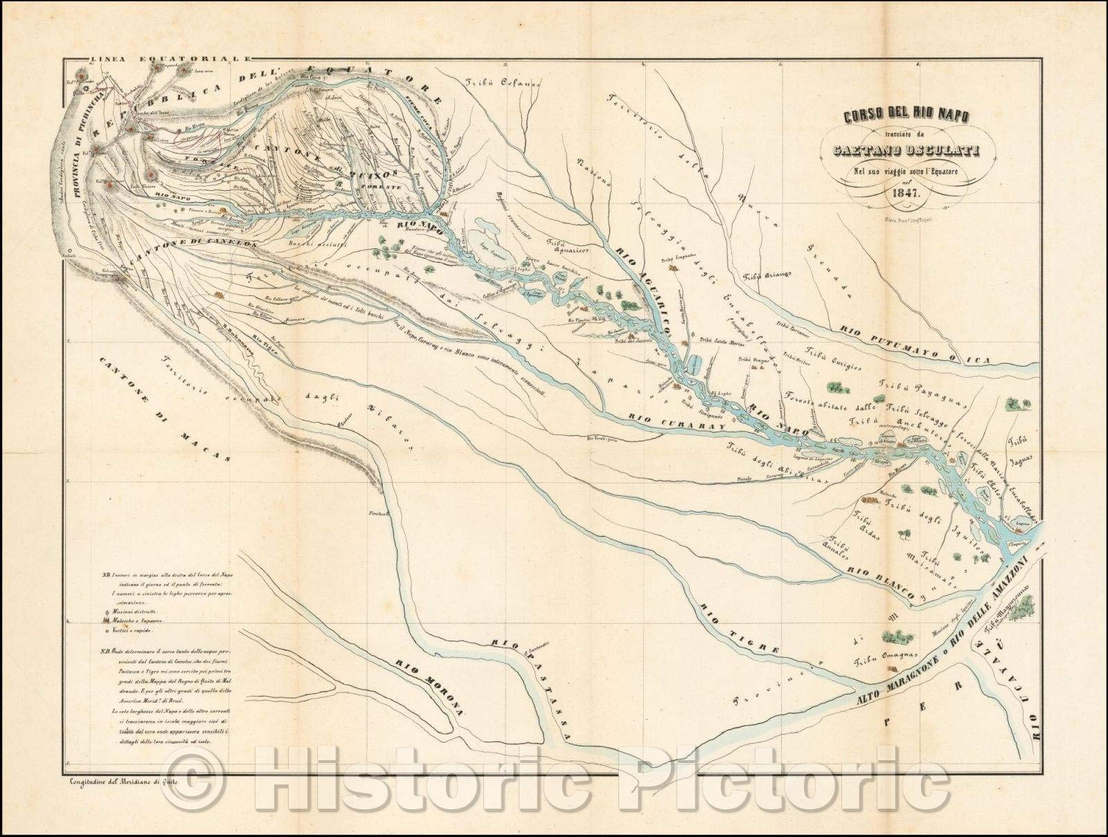 Historic Map - Corso Del Rio Napo tracciato da Gaetano Osculati Nel SUO viaggio/Map Centered on The Rio Napo and its Tributaries, 1854, Gaetano Osculati - Vintage Wall Art 24in x 18in