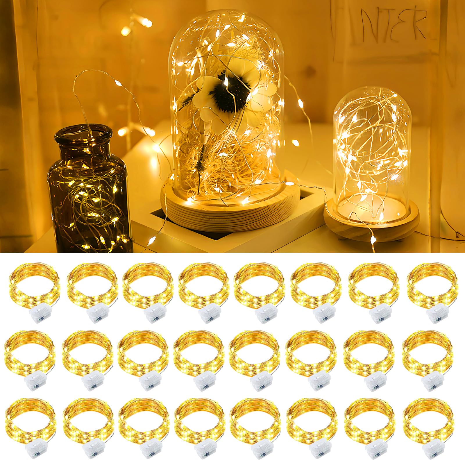 pozzolanas 24 Pack Warm White Fairy Lights Battery Operated 3 Modes 7FT 20 LED Waterproof String Lights Twinkle Silver Wire for Mason Jars Wedding