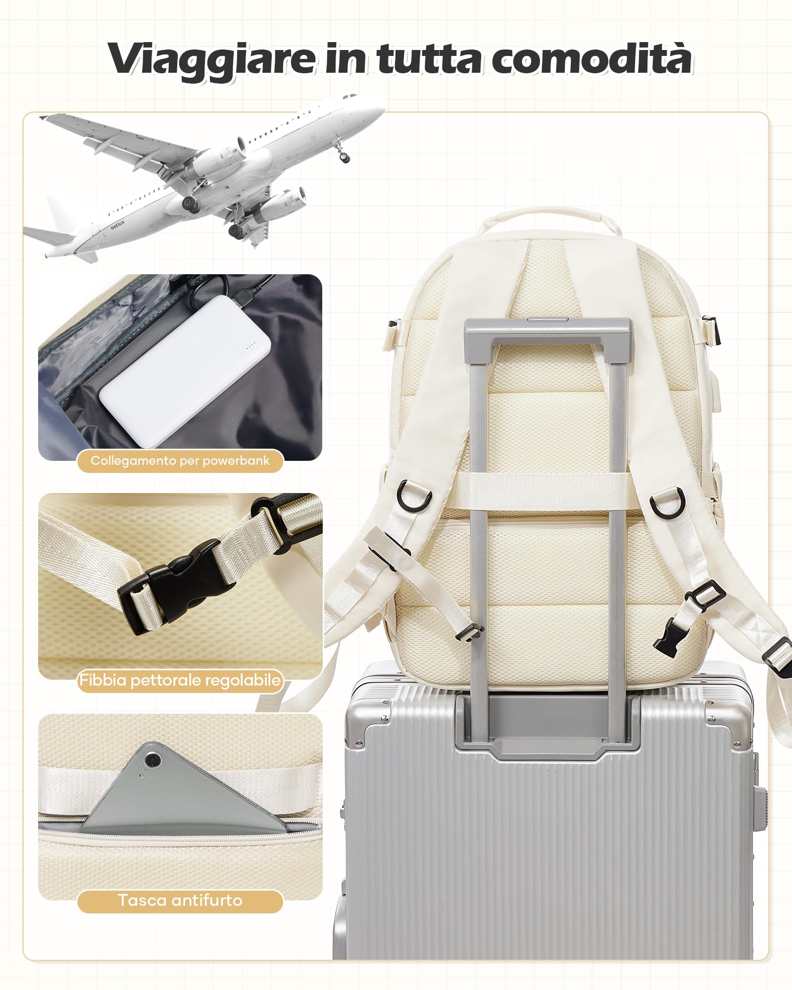 Zaino da Viaggio con Sottovuoto Incorporato, Zaino Easyjet Wizzair Bagaglio a Mano Ryanair, Zaini Vacuum Backpack Impermeabile Donna Uomo(Beige)