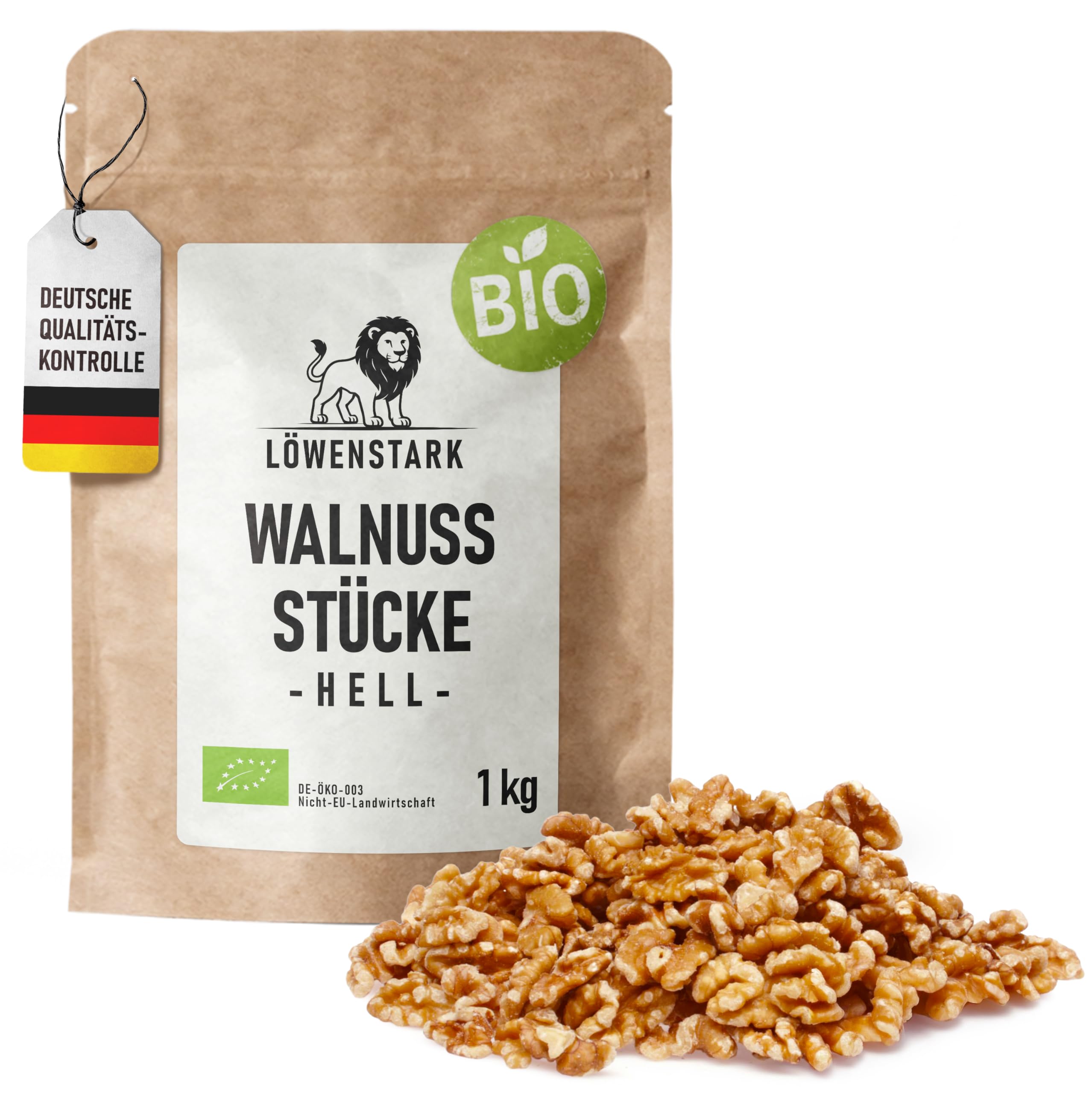 Löwenstark I BIO-Walnussstücke hell 1 kg I Knackige Walnüsse aus biologischem Anbau I Bio-Walnüsse, ideal als Snack, zum Kochen, Backen, für Salate, Desserts & für Nussmischungen I Vegan