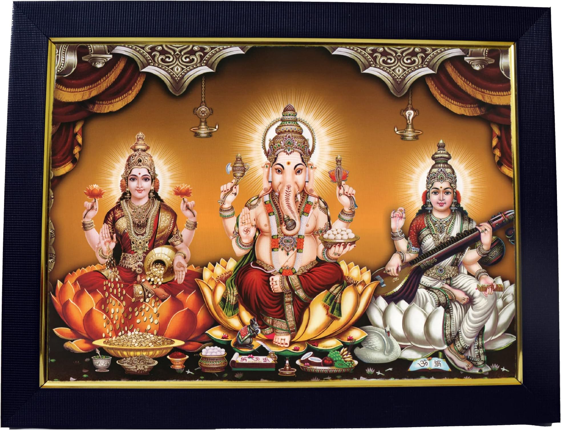 101 Temples - Divinity Eternity Spirituality Lakshmi Ganesha Saraswati Wooden Photo Frame For Diwali, Dhanteras, House Warming (10 X 13", Matt Finish Wall Mount