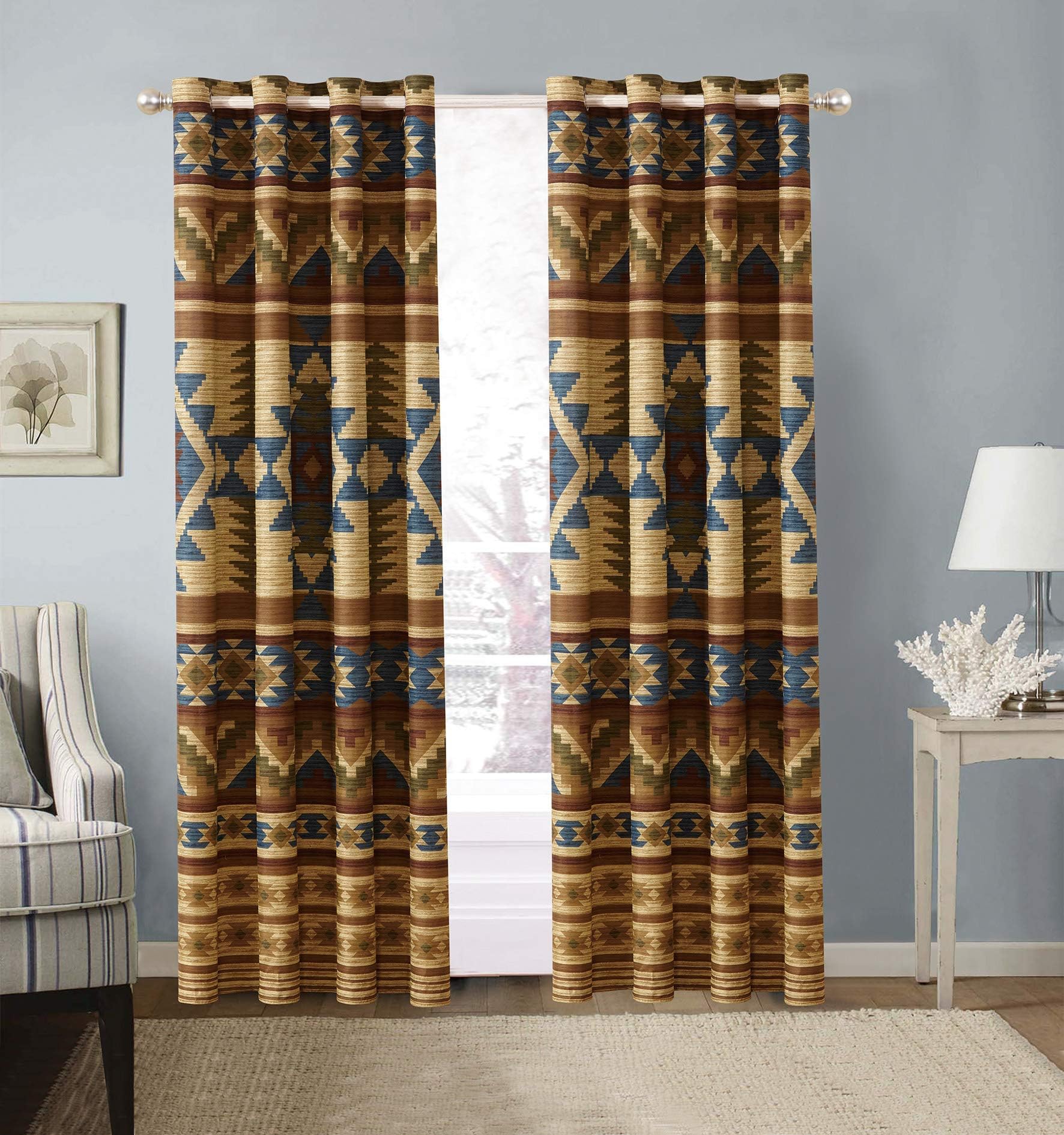 Austin Rustic Western Southwest Native American Window Treatment Grommet Curtain Set in Beige Taupe Brown Blue and Green Colors - Austin Curtains (Taupe, Microfiber)