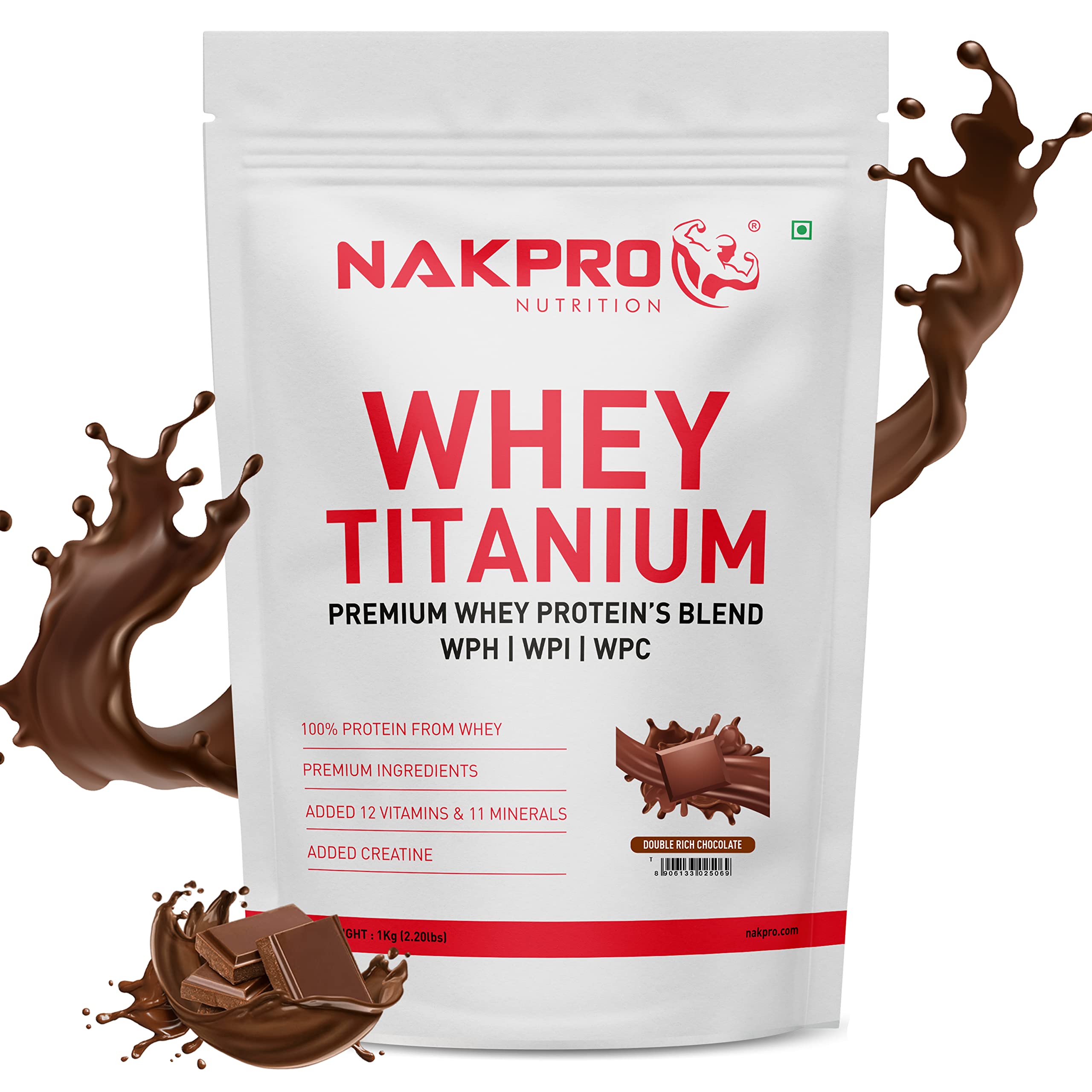 NAKPRO Titanium Tri Blend Whey Protein Hydrolyzed, Whey Protein Isolate & Whey Protein Concentrate | 24.04g Protein, 5.29g BCAA | Added Vitamins, Minerals & Creatine (1 Kg, Double Rich Chocolate)-picture-20