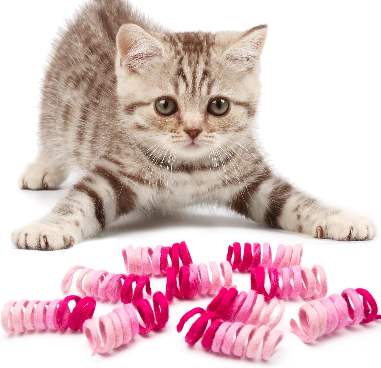 Glaciart One Felt Mini Spring Cat Toy – 10 Pcs Soft Fuzzy Enrichment 100% Natural Wool - Interactive Stretchable Play Cat Toy Set - Safe for Pets, Non-AZO Colored Dyes - 11” Long
